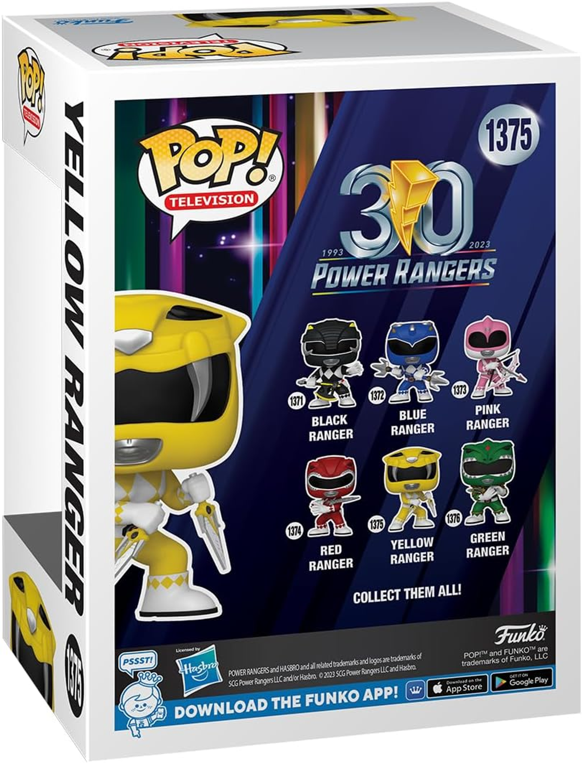 Caja Funko Pop! con el Power Ranger amarillo y otros Power Rangers. Se muestra '30 Años'.