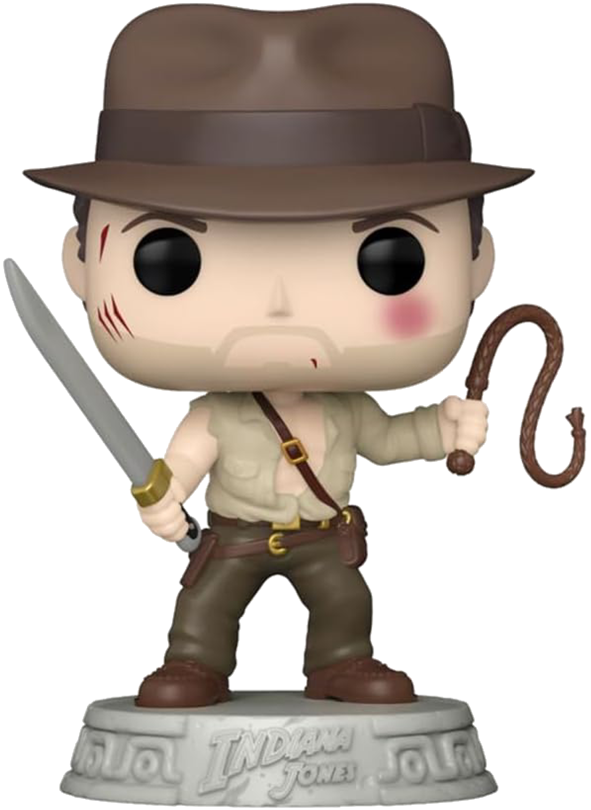 Una statuetta di Indiana Jones con spada e frusta. Indossa un cappello e un completo beige.