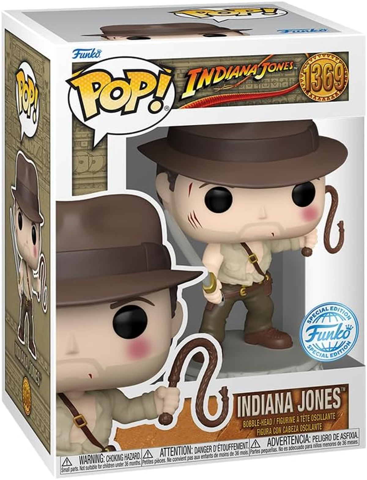 Figura Funko Pop di Indiana Jones in una scatola. La figura ha un cappello e una frusta.
