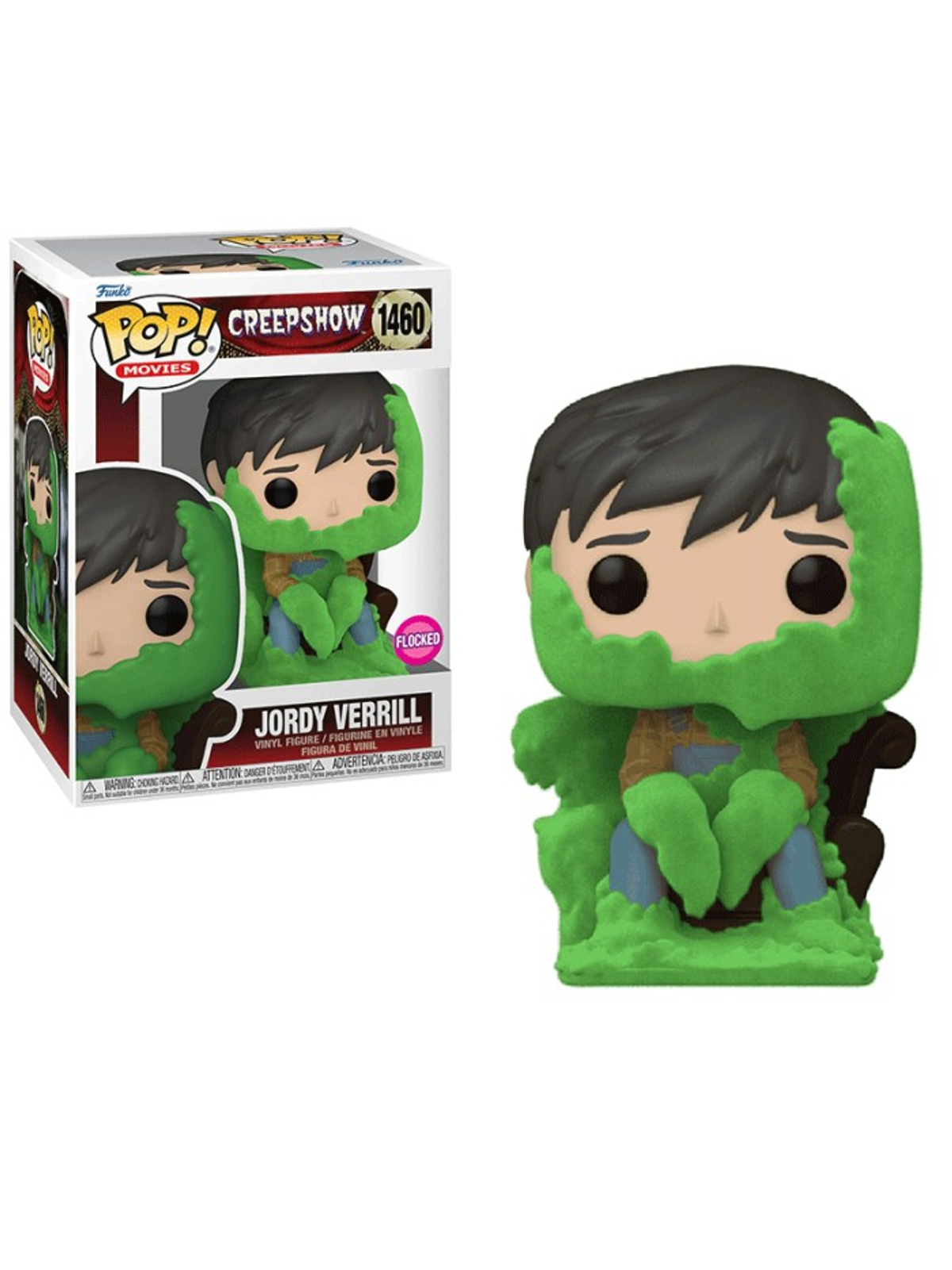 Una figura de Funko Pop de Jordy Verrill de Creepshow. Está cubierto de musgo verde y sentado en una silla.