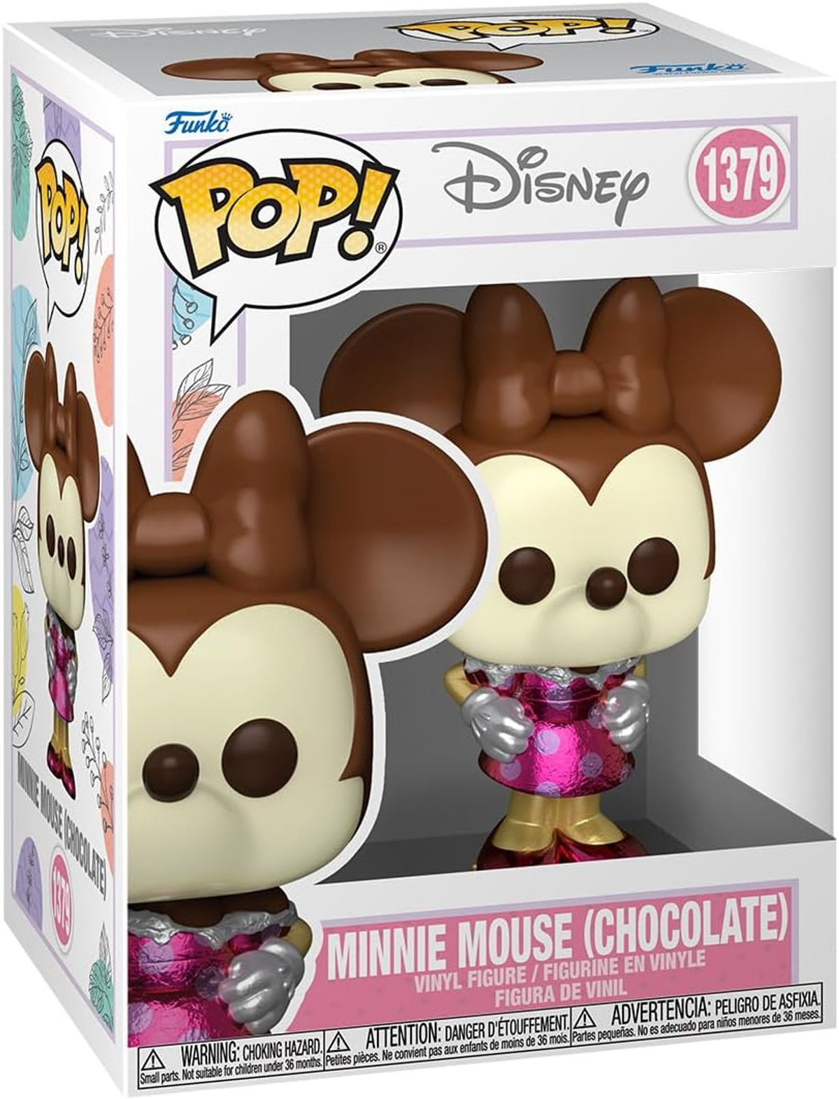 Una statuetta Funko Pop di Minnie Mouse a tema cioccolato nella sua scatola.