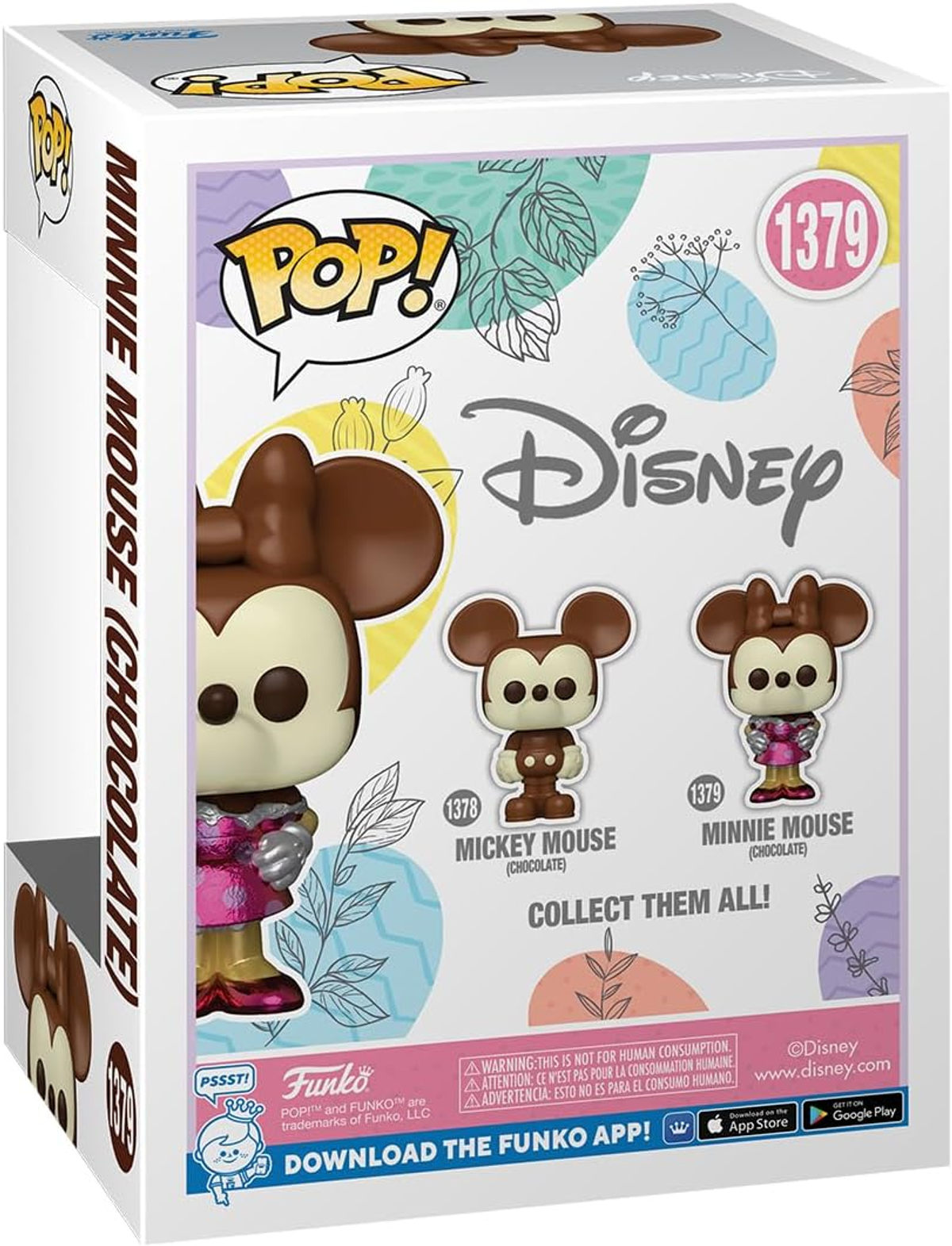 La scatola mostra una figura Funko Pop di Minnie Mouse al cioccolato. Visibili altre figure e il logo Disney.