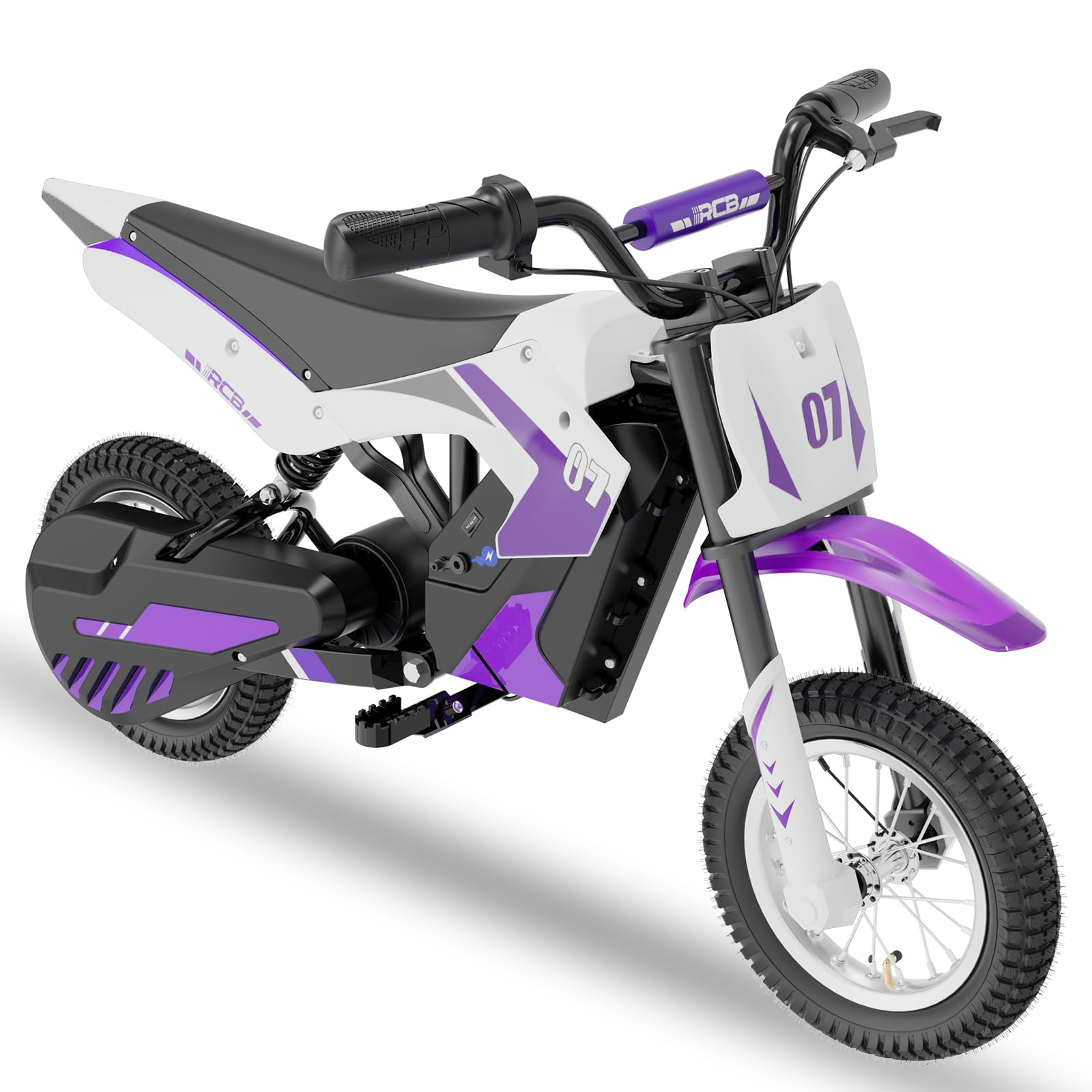 Una moto da cross elettrica bianca e viola con il numero 07.