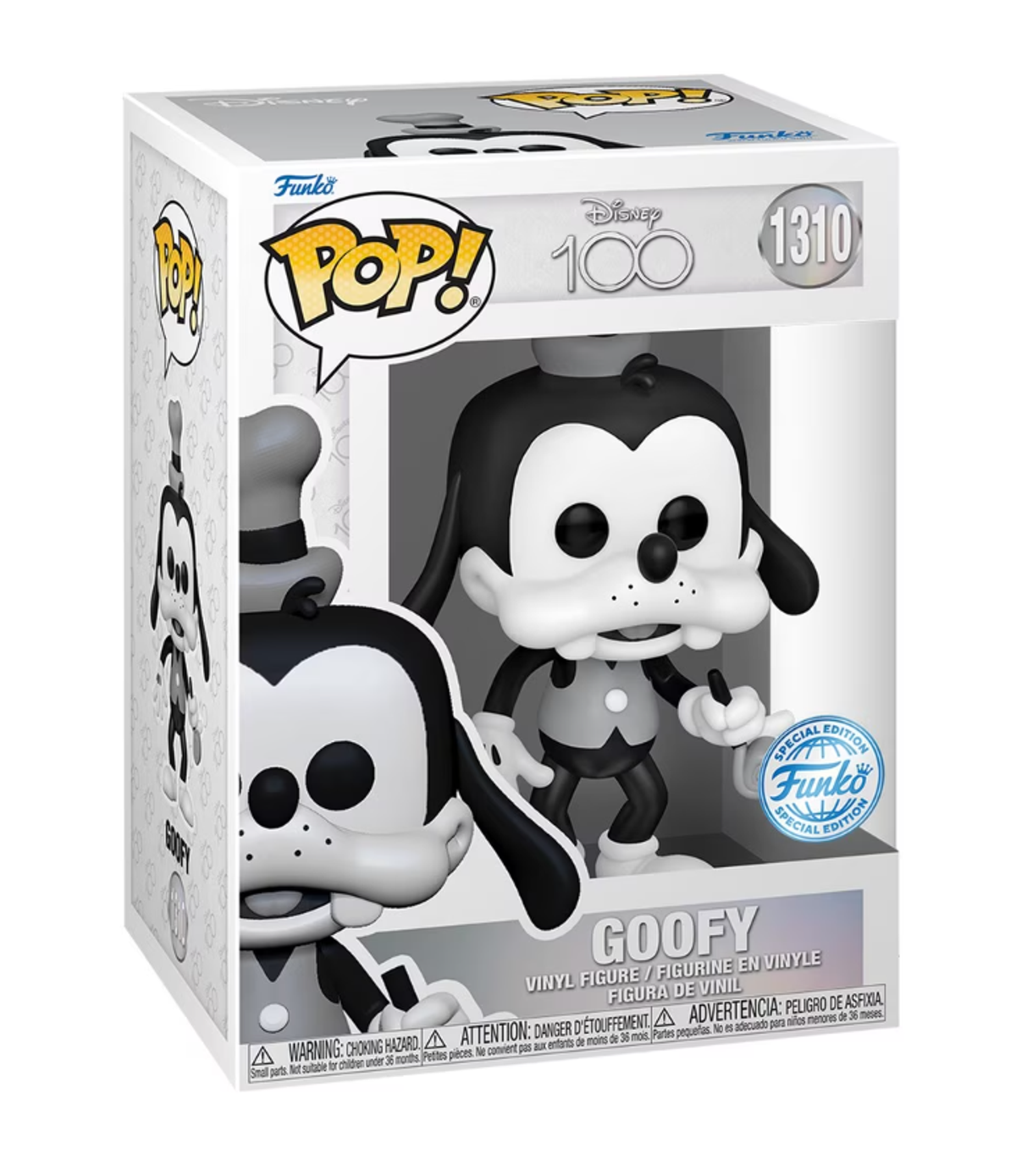Figura di Goofy Funko Pop! in una scatola. È in bianco e nero, con cappello e gilet grigi.