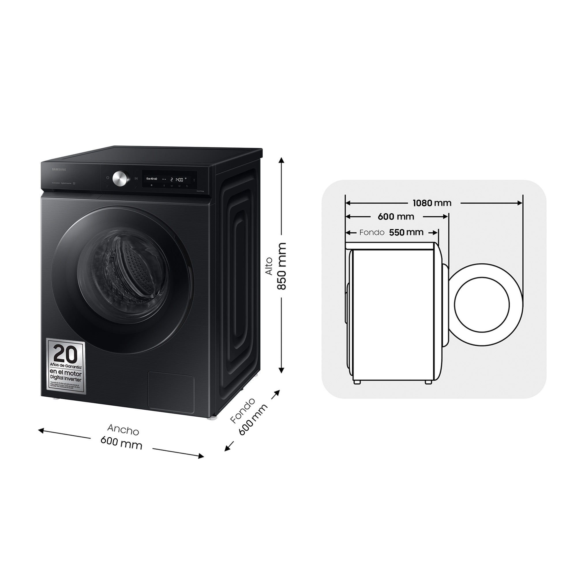 Black Samsung washing machine with dimension details. Side view with dimensions on the right.