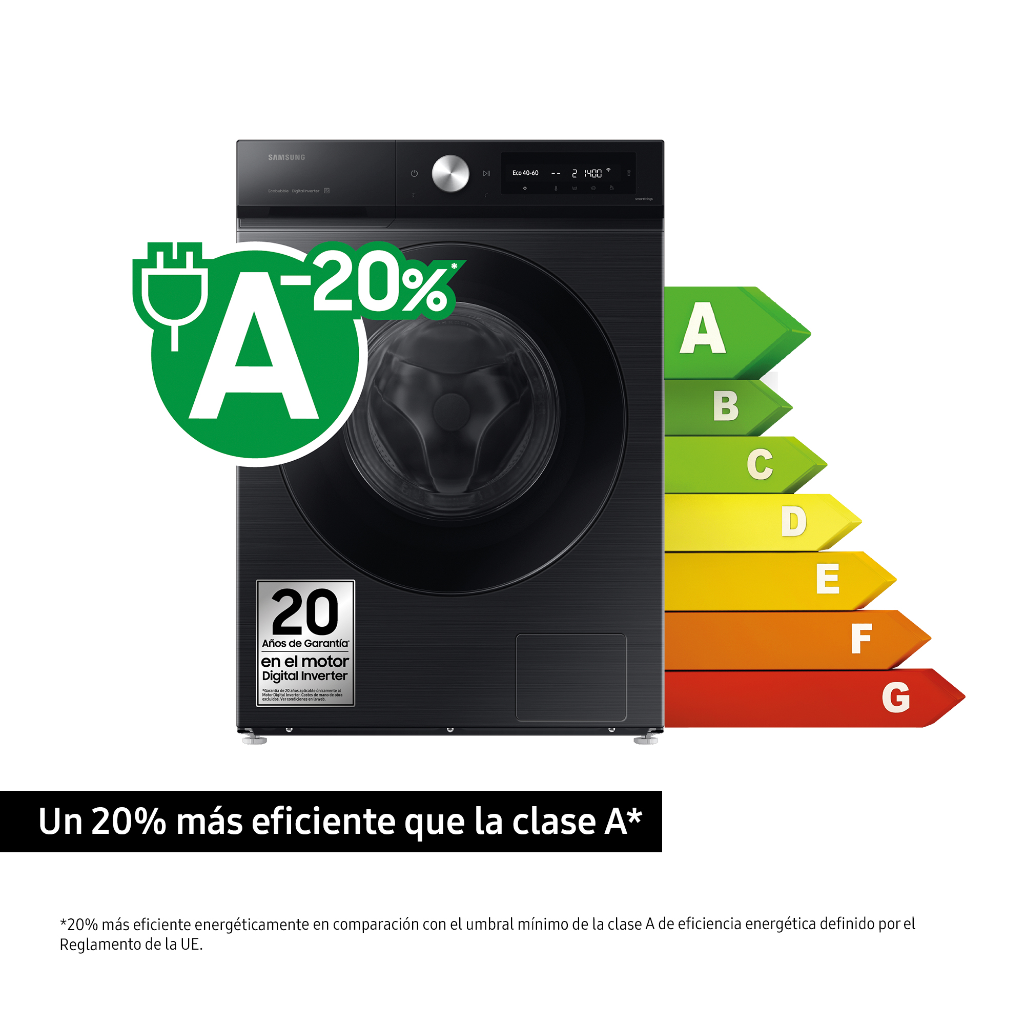 Czarna pralka z etykietą energetyczną. Posiada zieloną etykietę A z -20% i 20-letnią gwarancją na silnik.