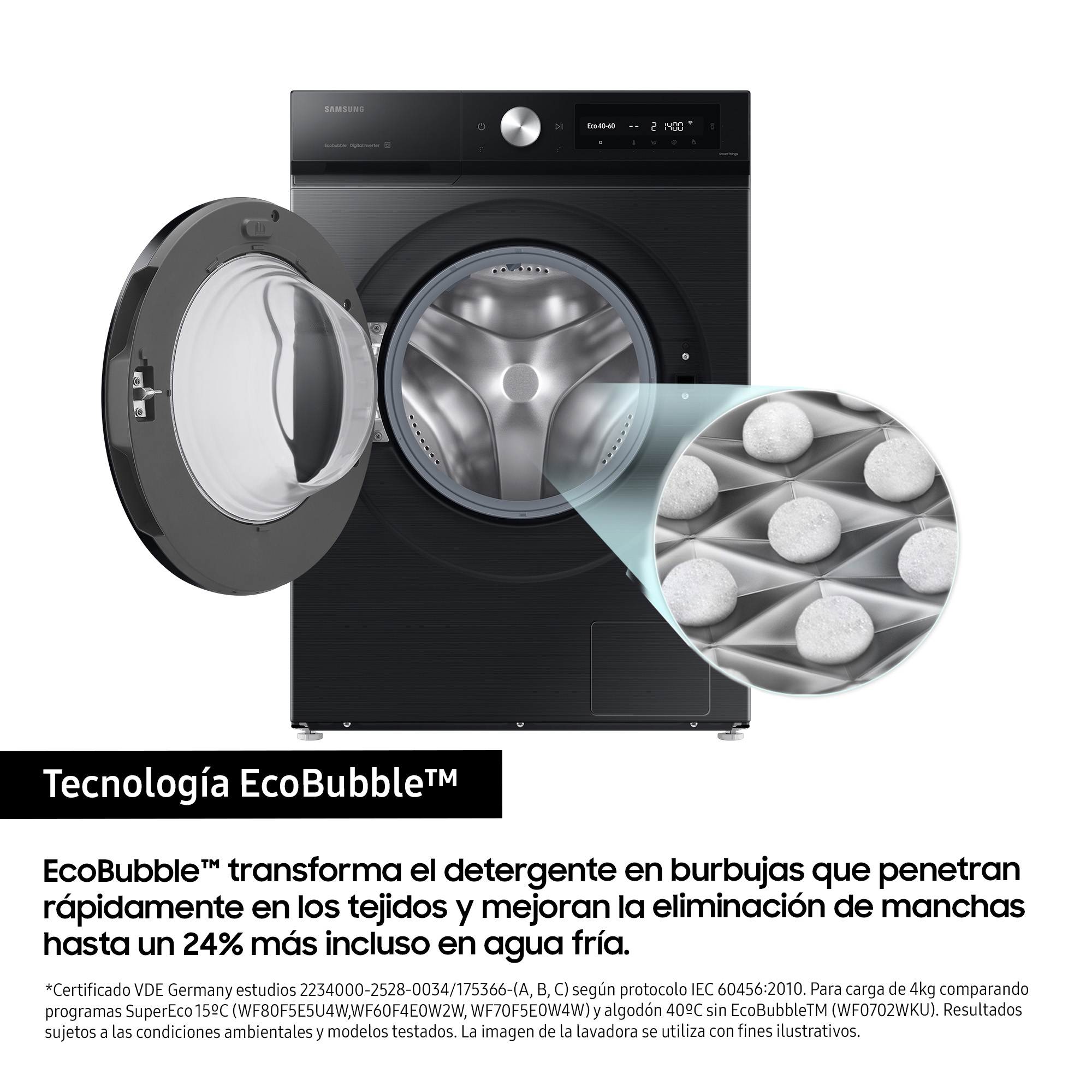 Czarna pralka z otwartymi drzwiami, pokazująca tabletki do prania.