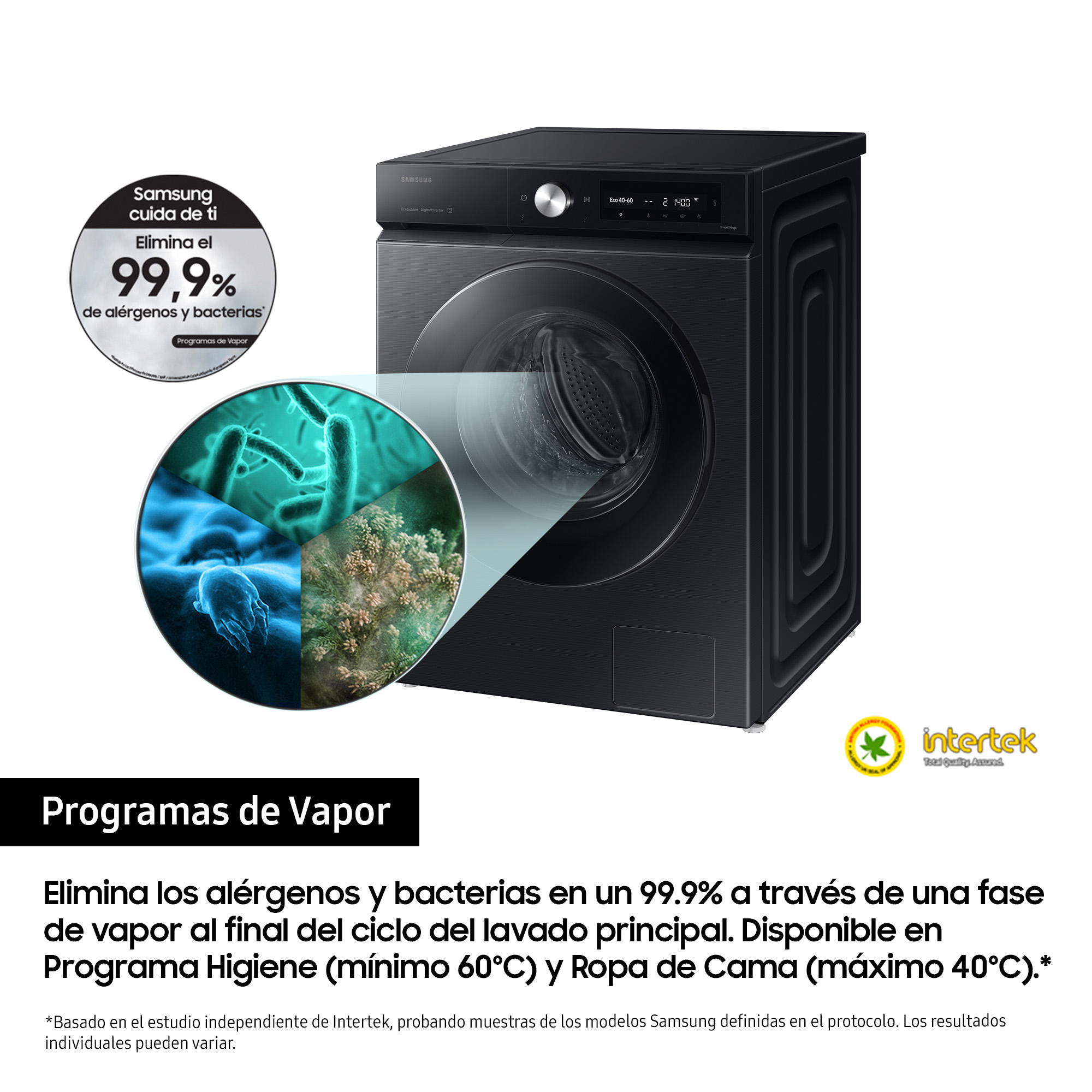 Czarna pralka Samsung z wyświetlaczem, z diagramem bakterii i alergenów.