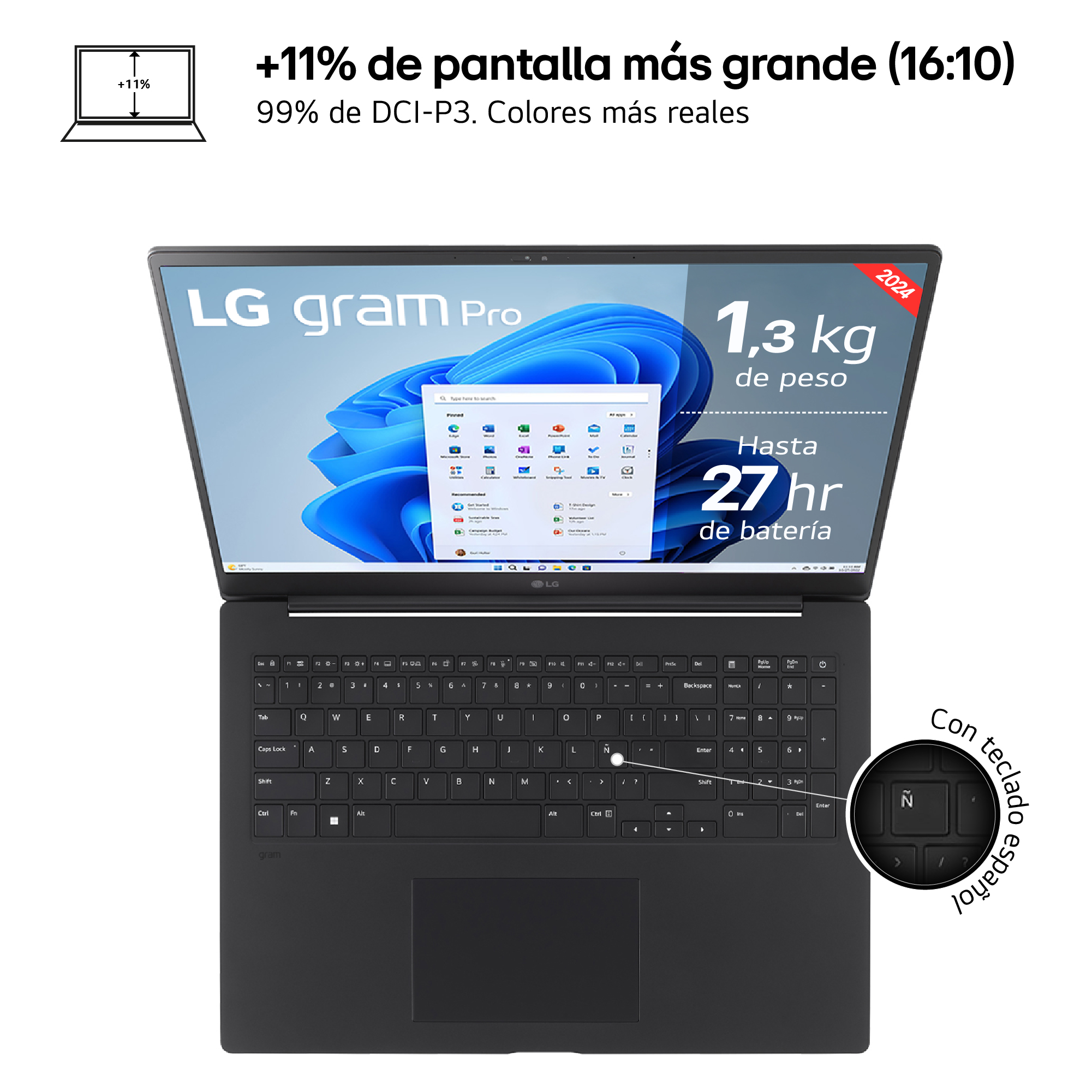 Un portátil negro que muestra una pantalla con un fondo azul e iconos. Teclado visible.