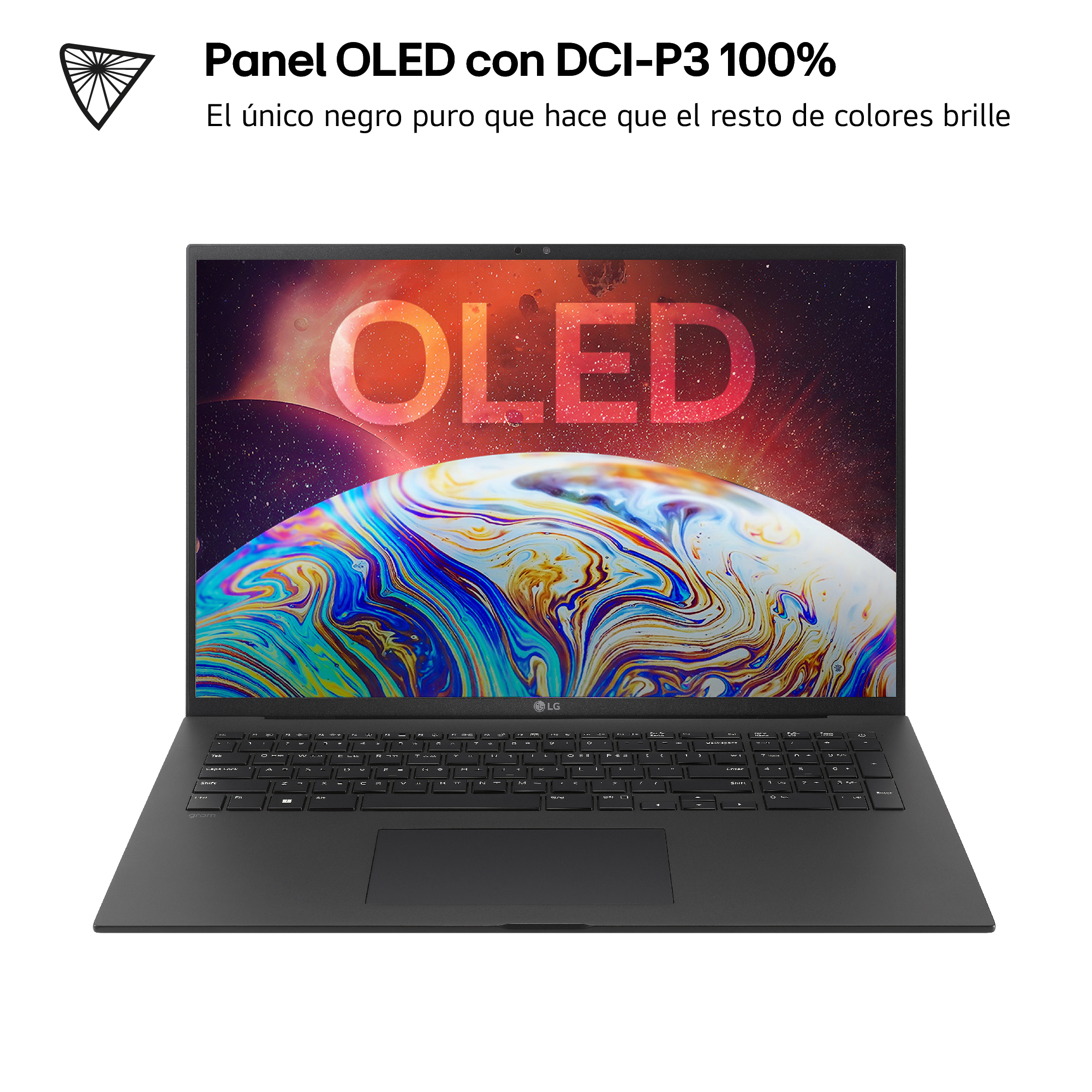 Un portátil negro. La pantalla dice 'OLED' con remolinos coloridos. El texto está en español.