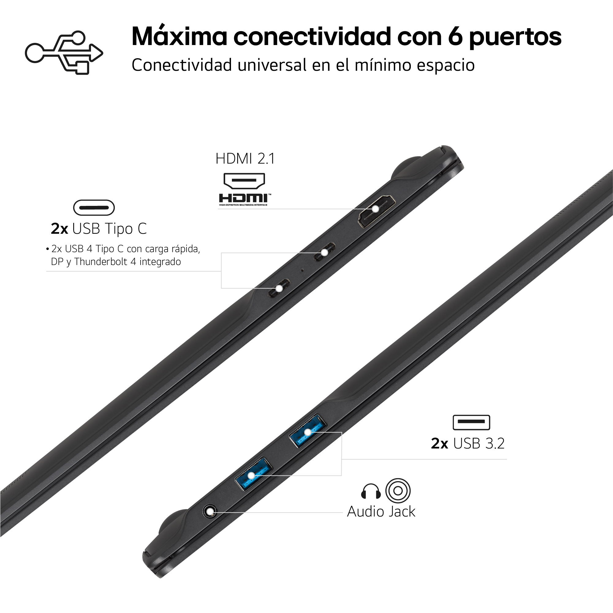 Primer plano del lado de un portátil negro con puertos. Texto indica funciones de conectividad: USB-C, HDMI, USB 3.2.