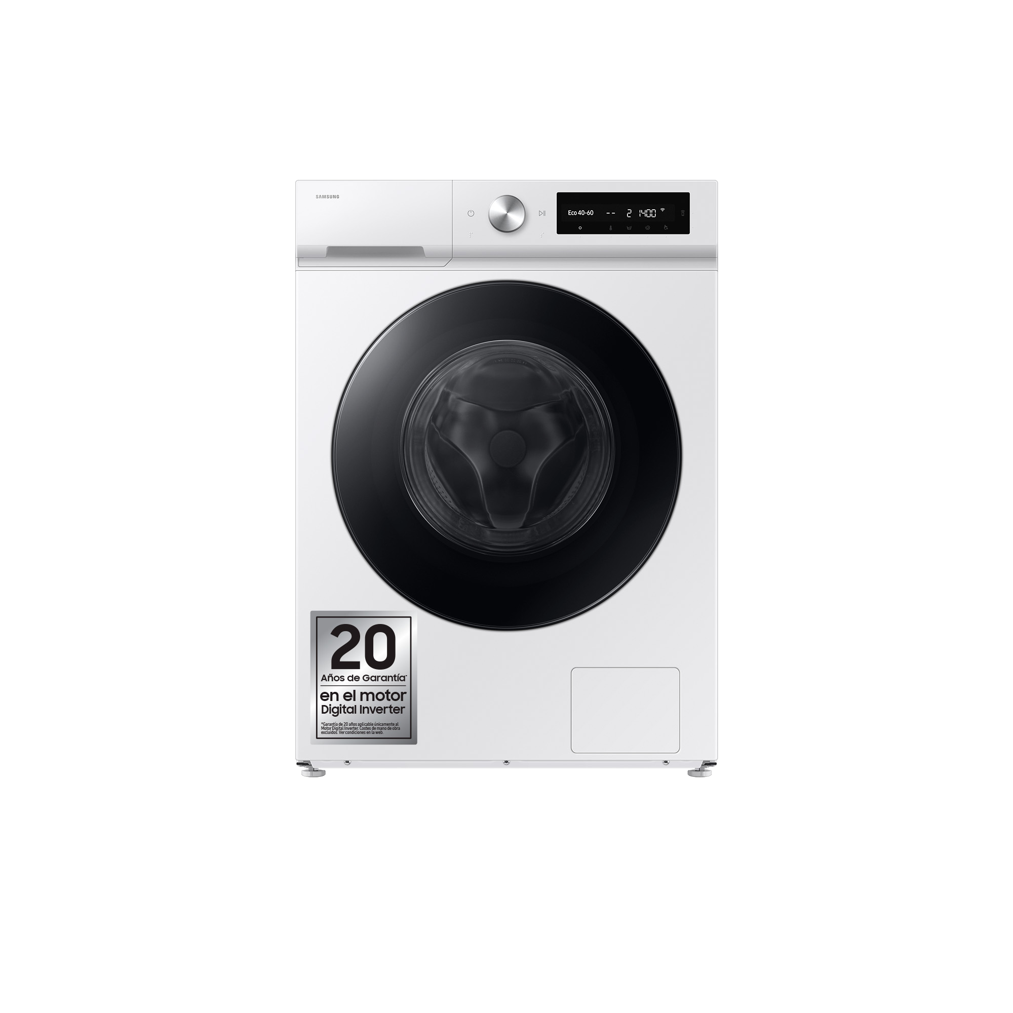 Biała pralka Samsung. Ma czarne drzwi i cyfrowy wyświetlacz.