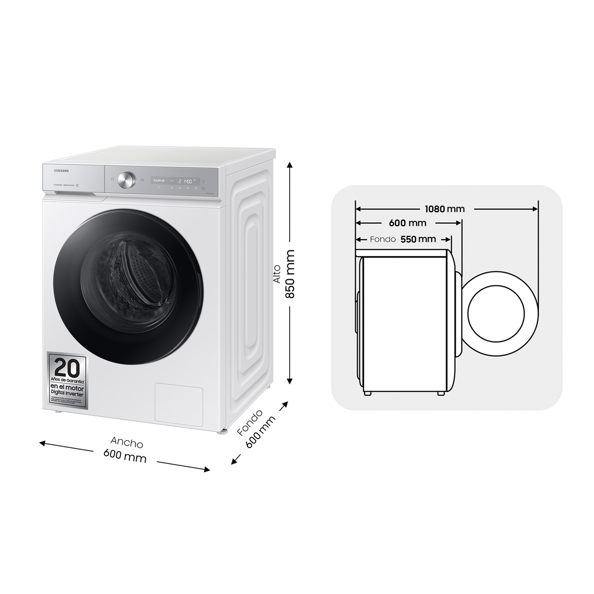 Biała pralka z wymiarami i diagramem. Posiada naklejkę z 20-letnią gwarancją na silnik.