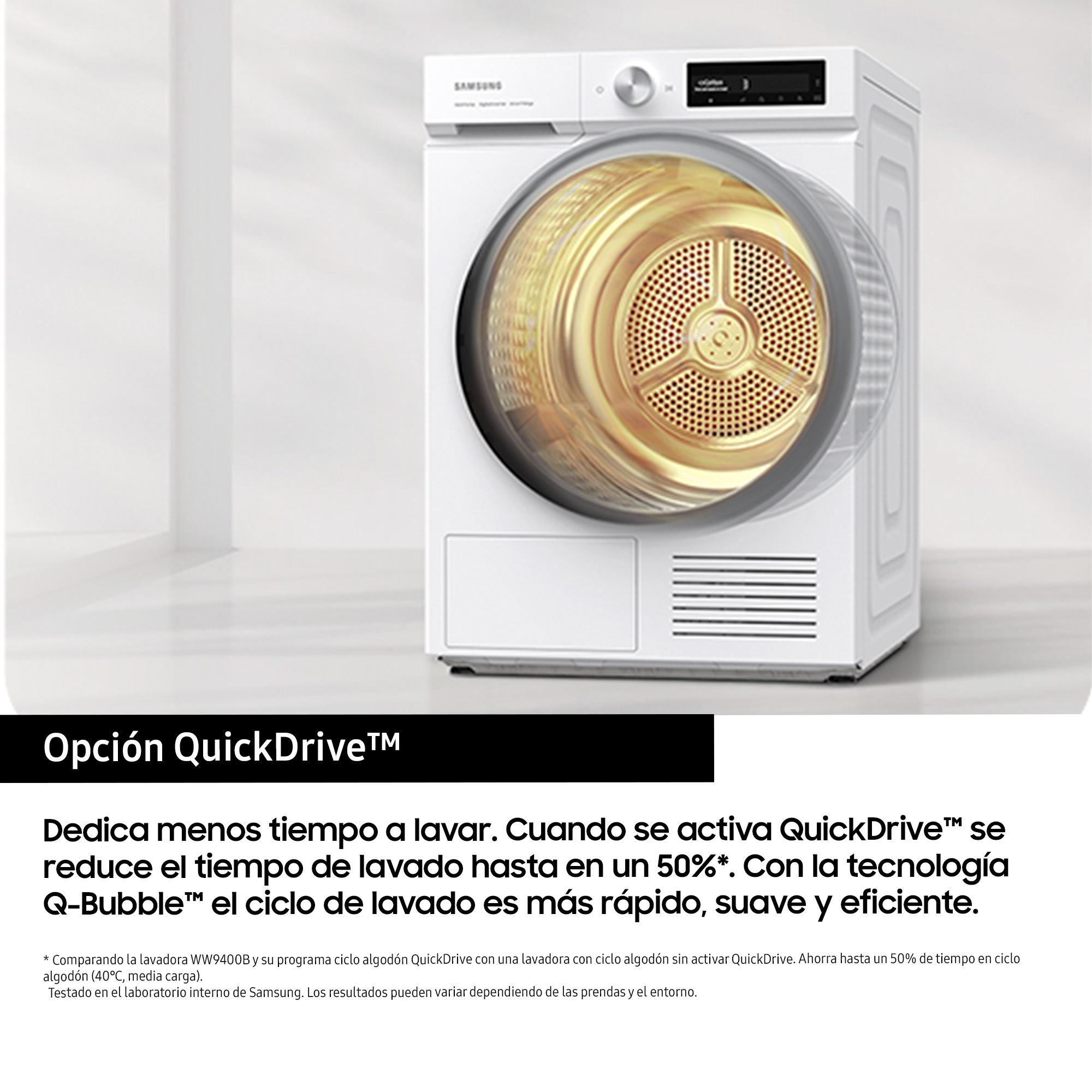 Biała suszarka Samsung z otwartymi drzwiami. Tekst opisuje technologię QuickDrive.