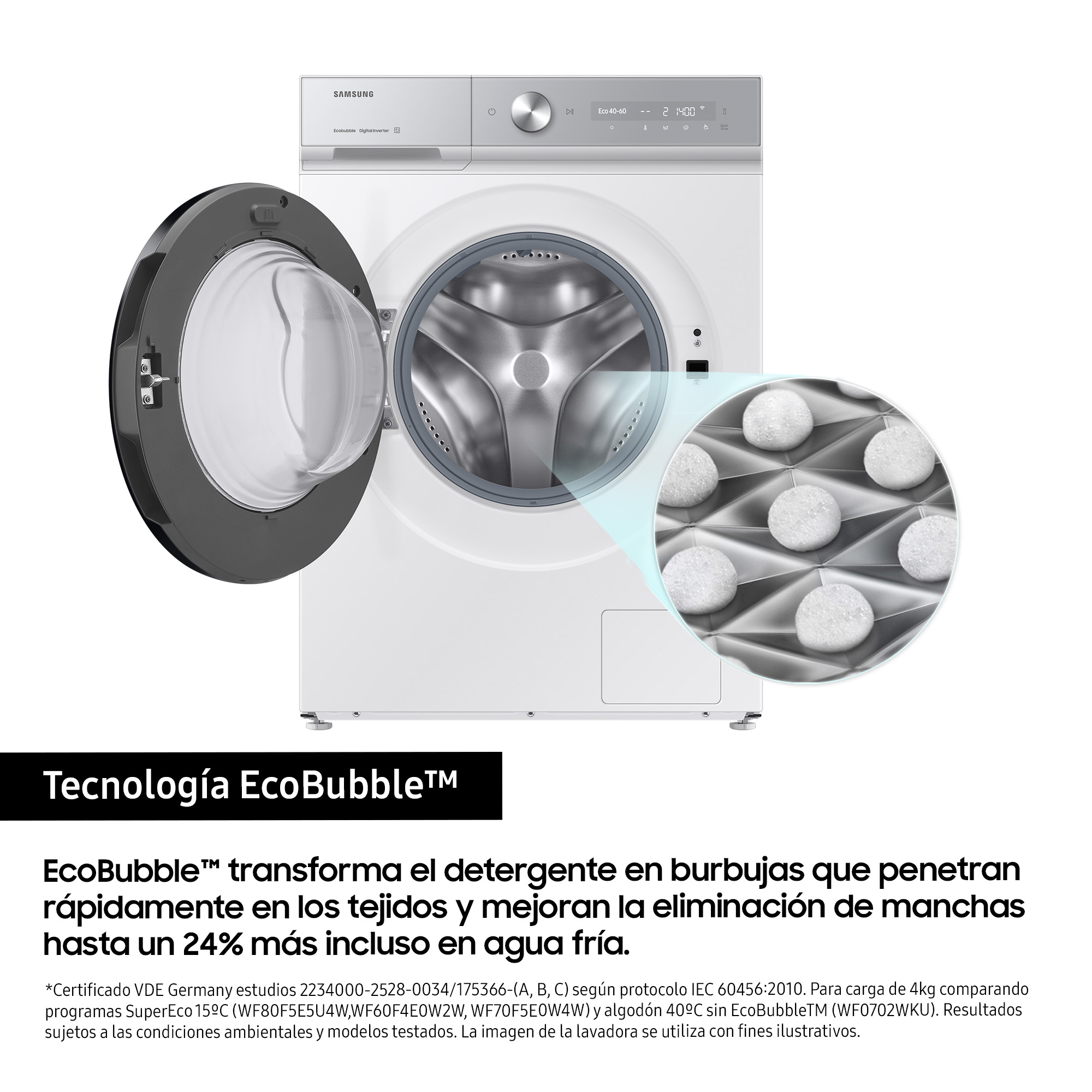 Pralka Samsung z otwartymi drzwiami pokazująca bąbelki detergentu. Tekst: technologia EcoBubble.