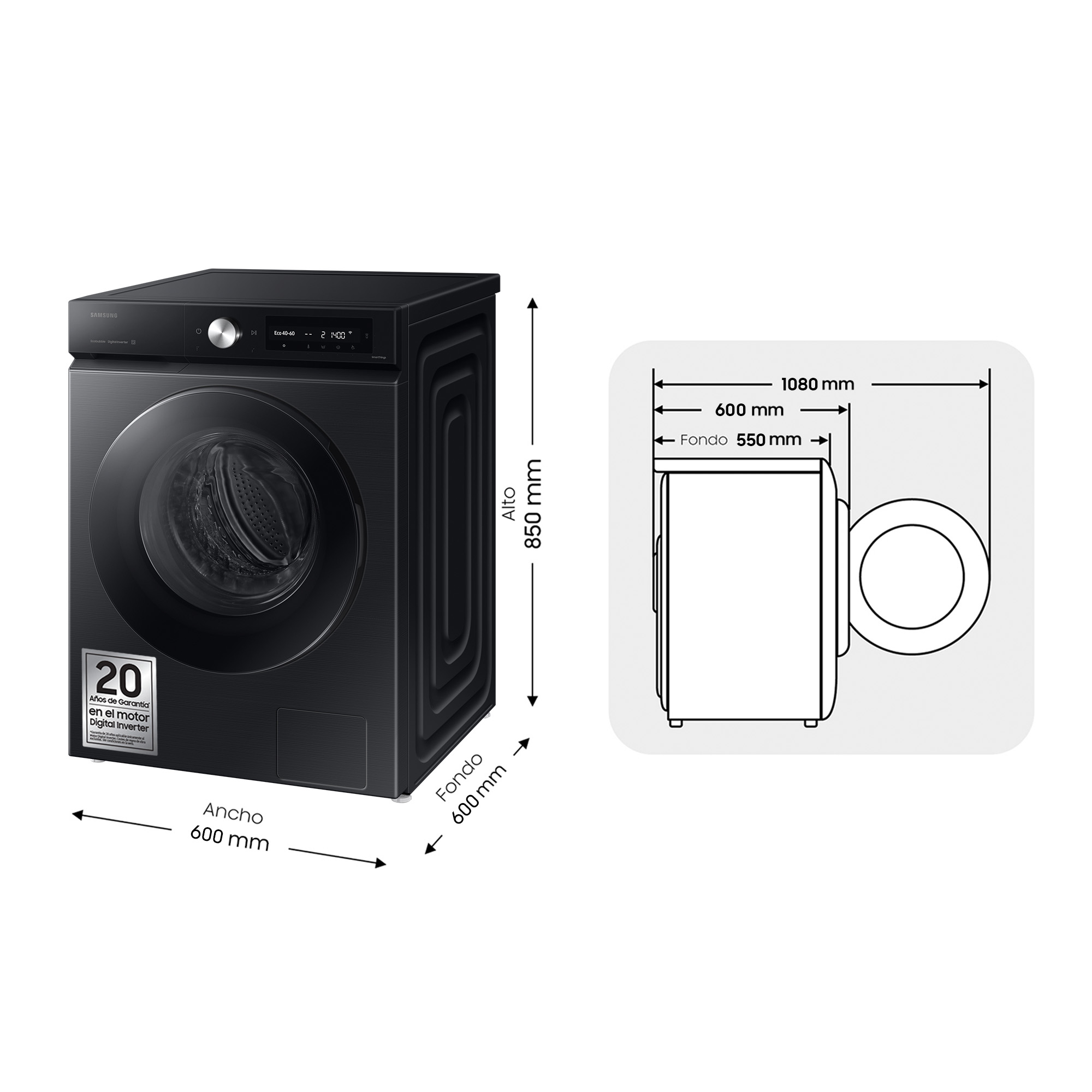SAMSUNG WW90DB7U94GB Lavatrice, Caricamento frontale, 9 kg, 24 programmi, Profondità 60 cm, Giri 1400 rpm, Nero, livello rumorosità centrifuga 72 dB(A), Classe A