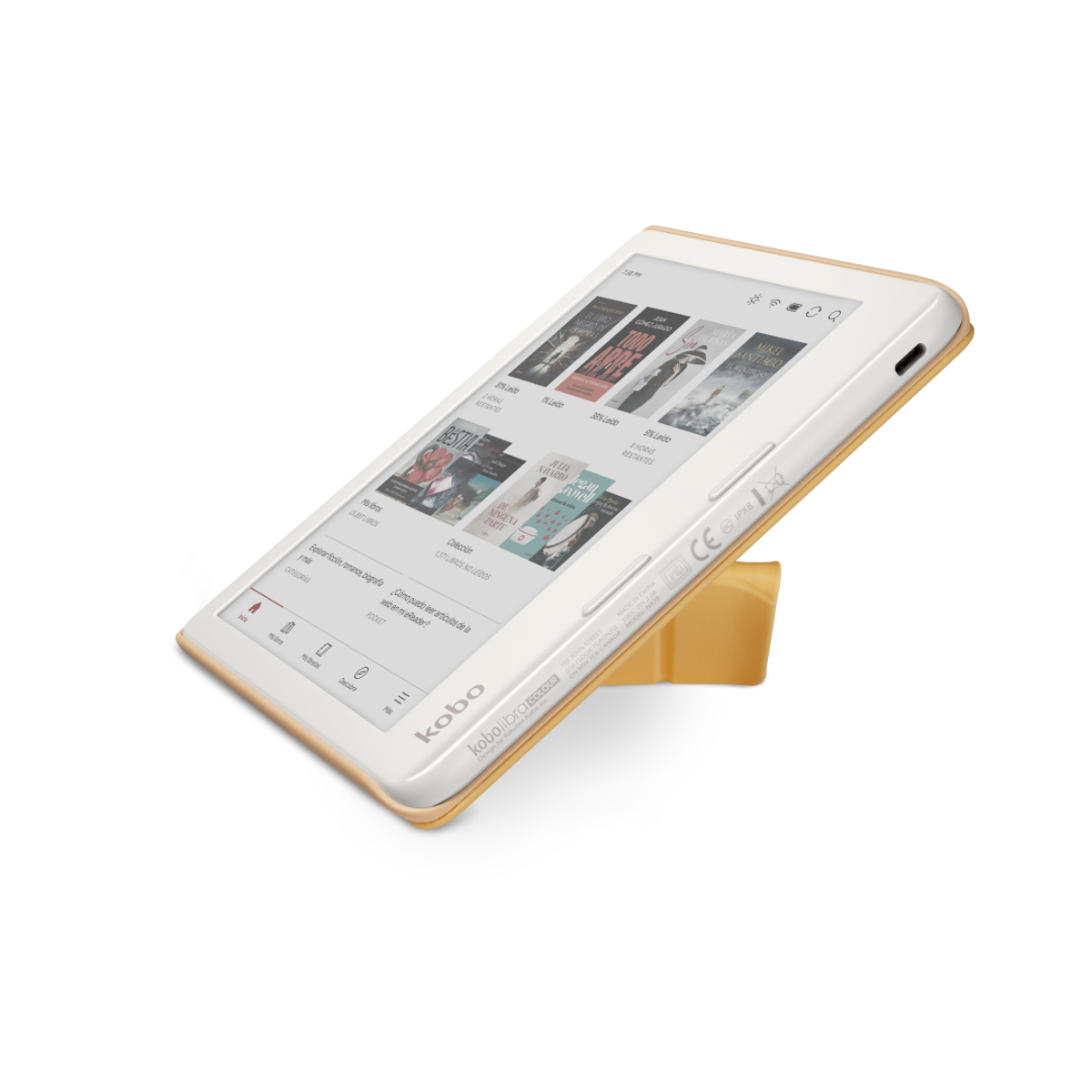 Bir stand üzerinde beyaz ve altın renkli bir Kobo Libra 2 e-okuyucu, ekranında kitap kapaklarını sergiliyor.