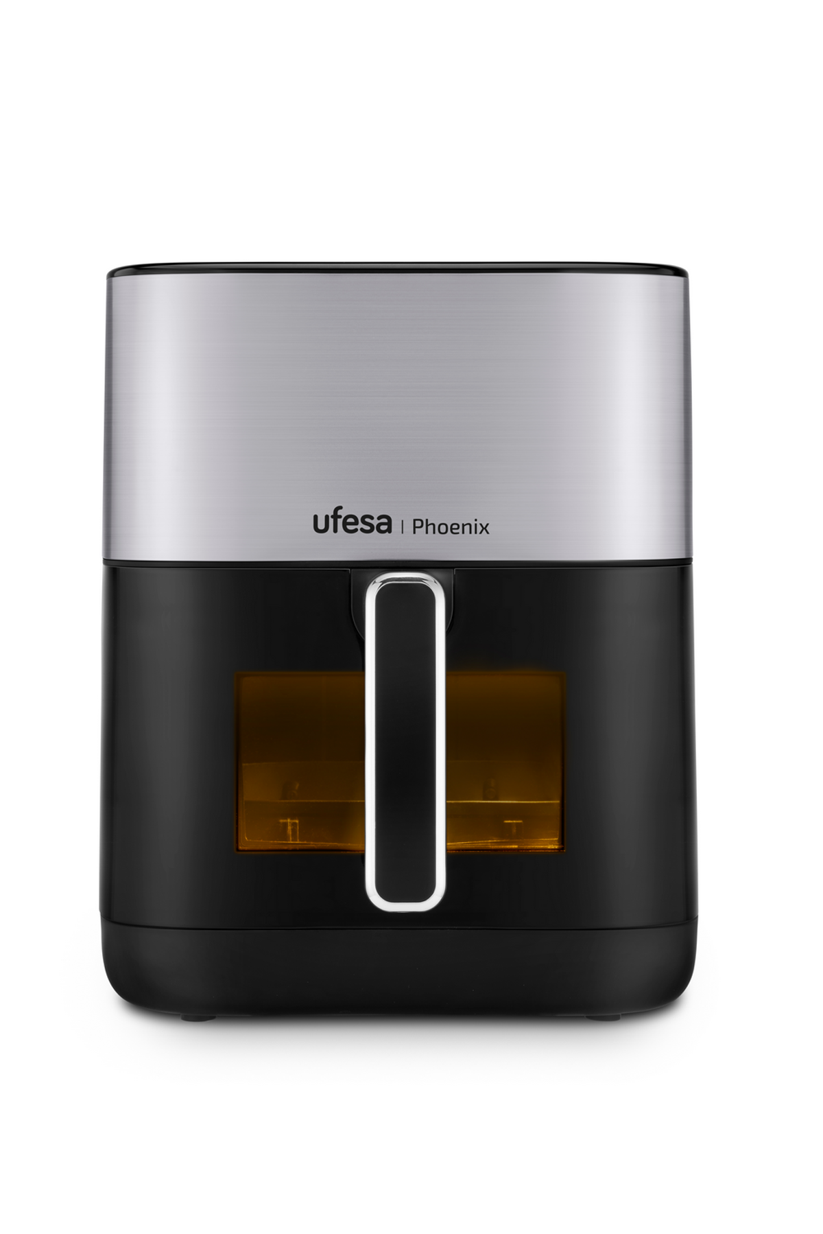 Czarna i srebrna frytkownica powietrzna na białym tle. Widok z przodu.