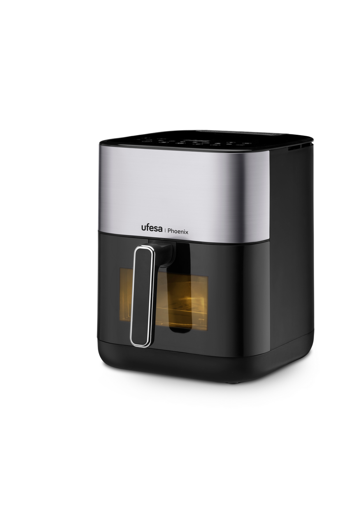 Czarna i srebrna frytkownica beztłuszczowa Ufesa Phoenix. Widoczny uchwyt i okno.