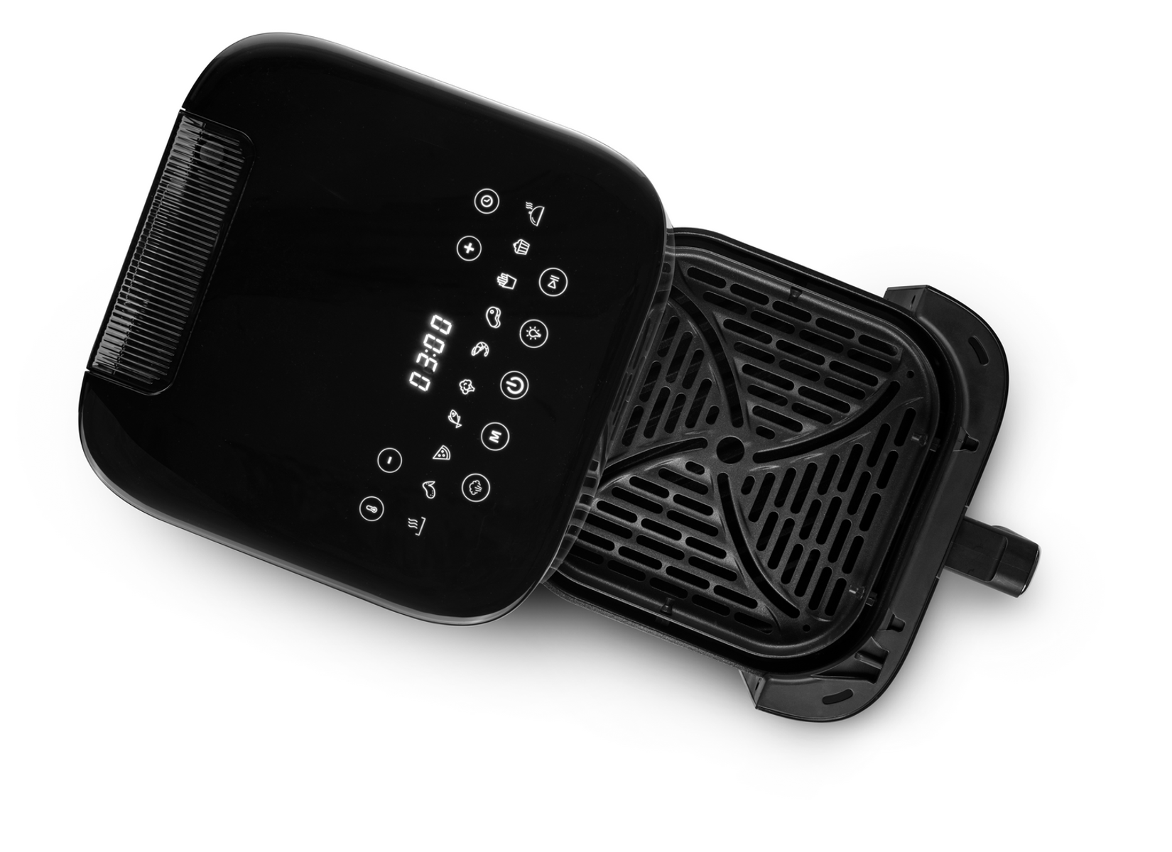 Czarna frytkownica beztłuszczowa z otwartym koszem, widoczne wnętrze i panel sterowania na górze.
