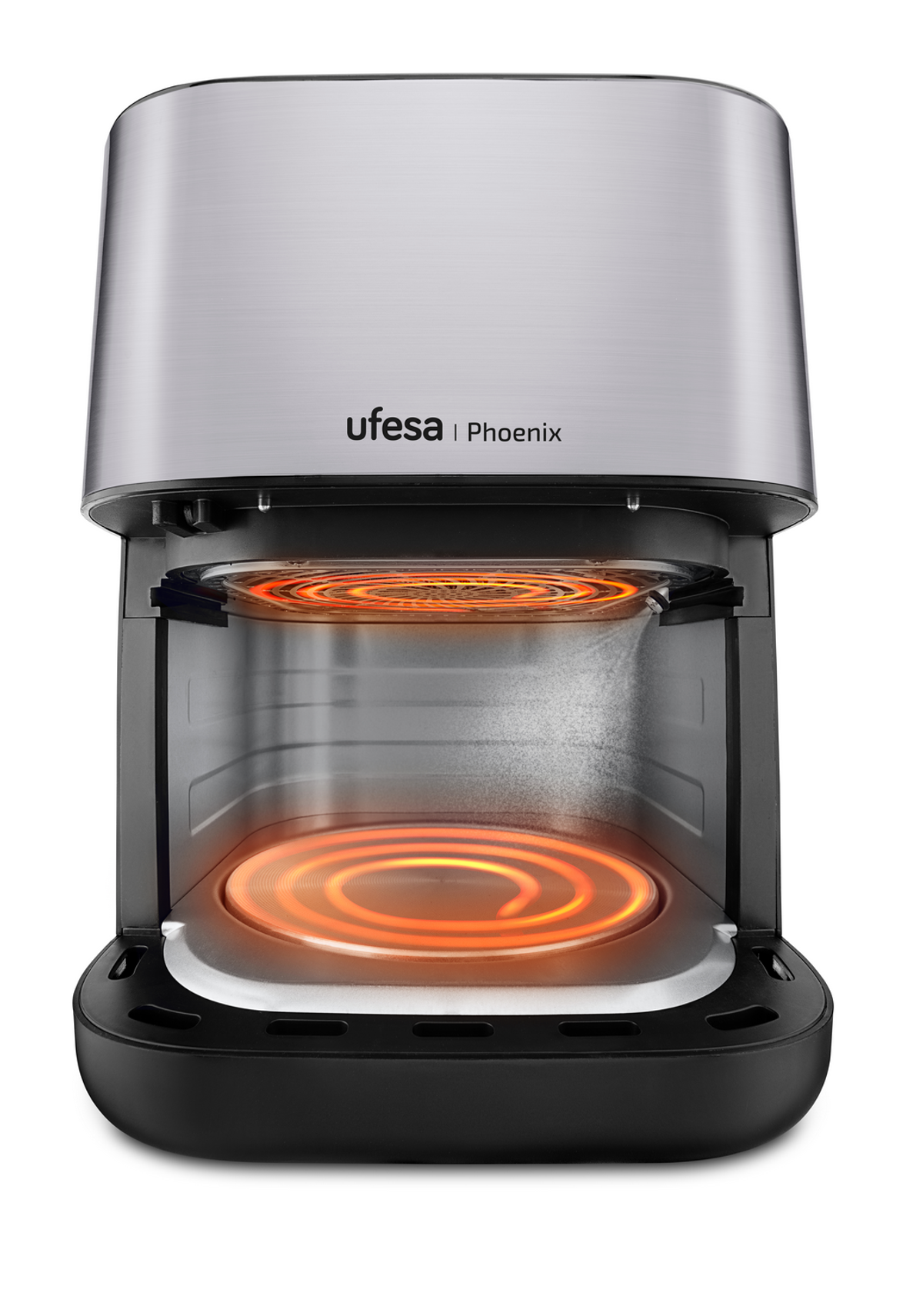 Elektryczne urządzenie kuchenne ze srebrną górą i czarną podstawą, pokazujące elementy grzejne.