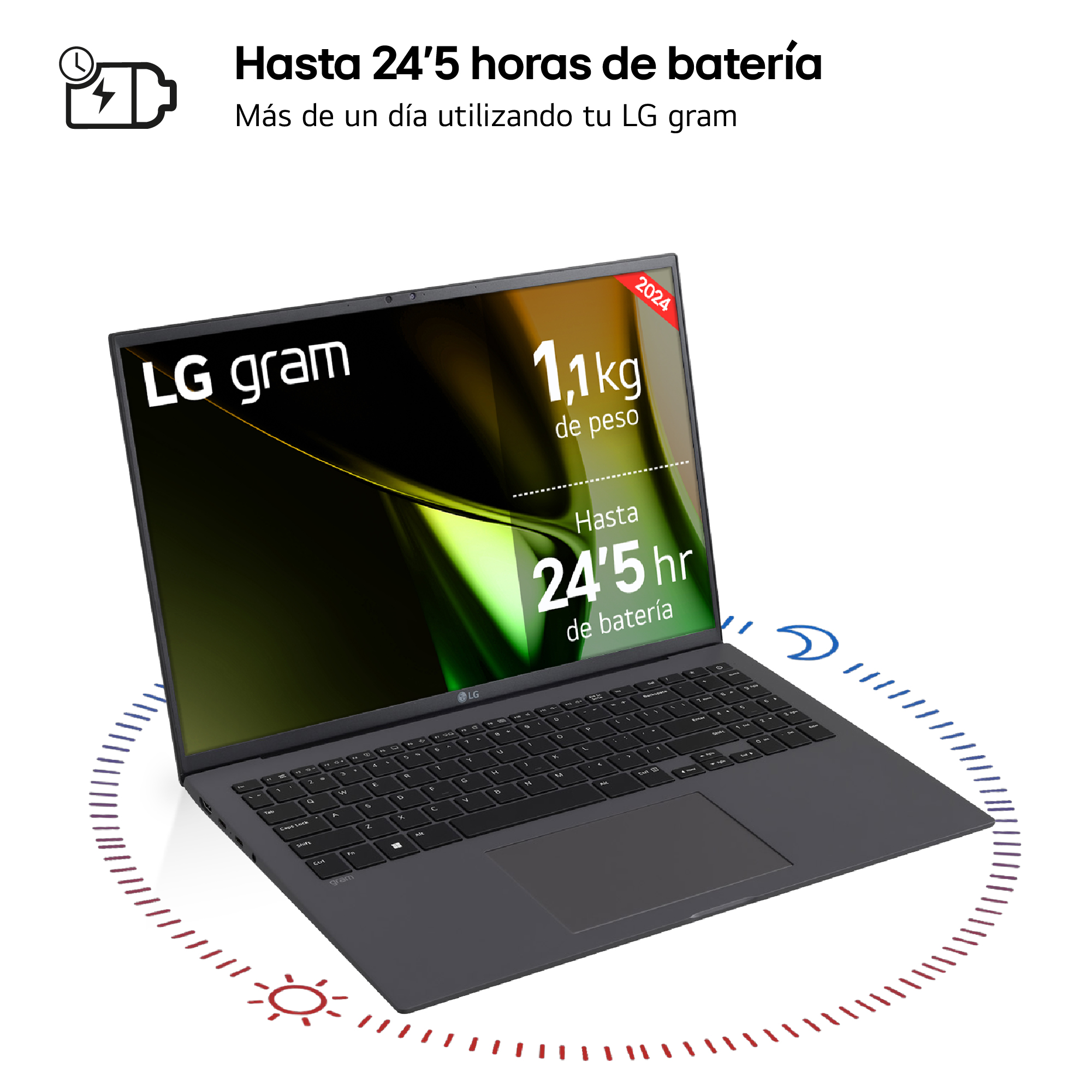 Portátil gris con texto sobre duración batería, rodeado de gráfico circular azul y rojo, en blanco.