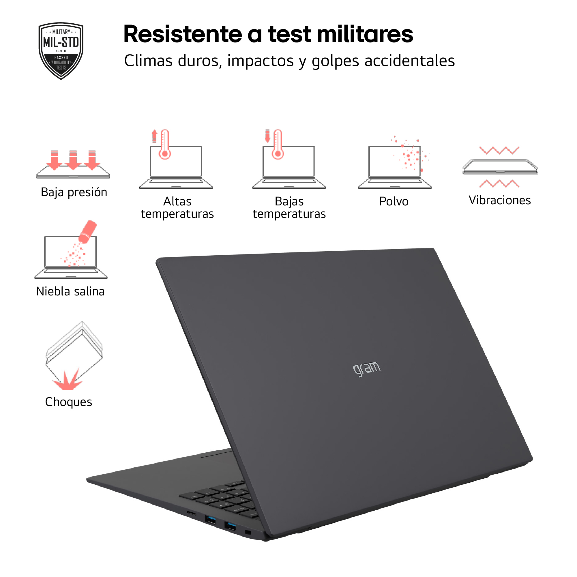 Un portátil negro con imágenes que muestran pruebas de grado militar.