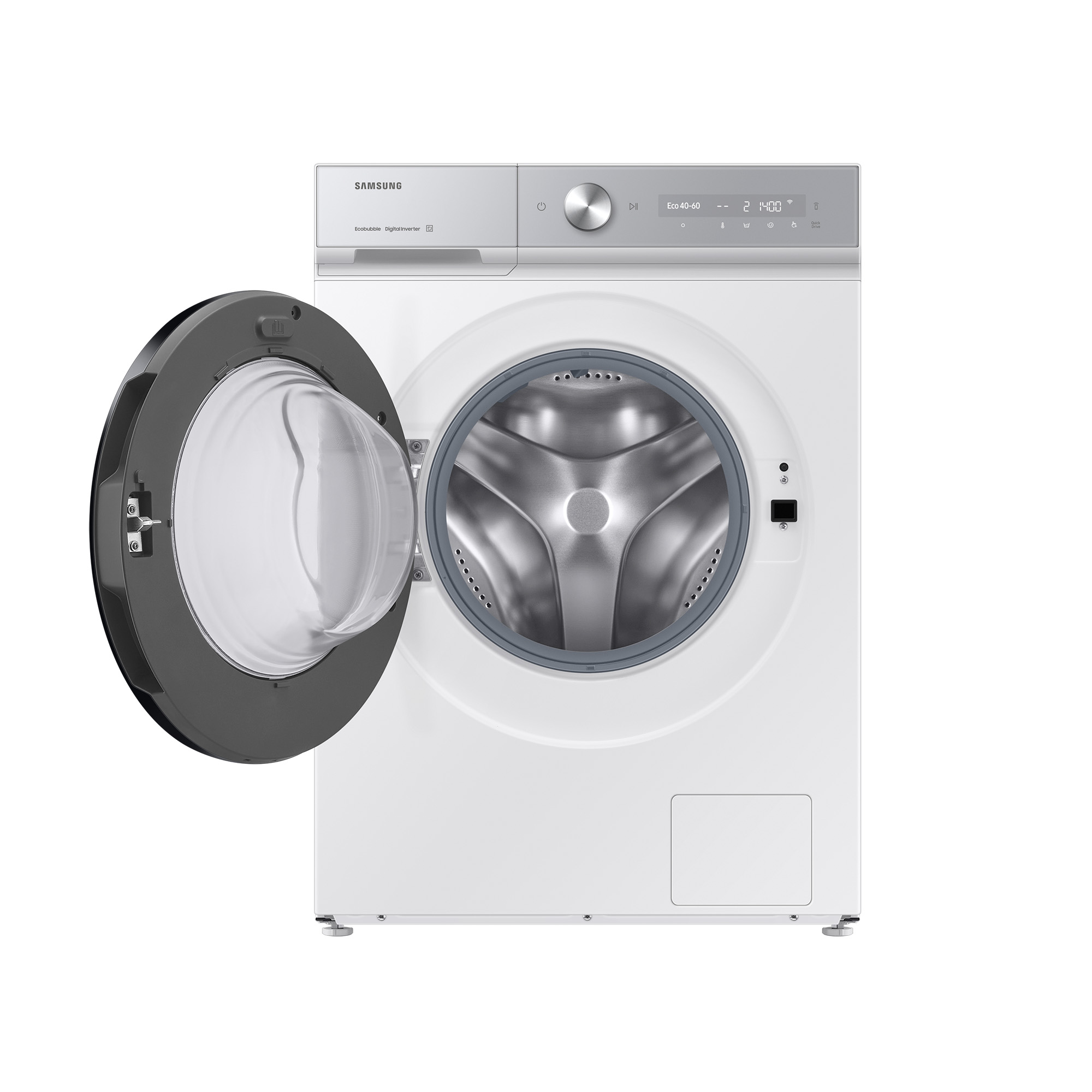 Biała pralka z otwartymi drzwiami. Widoczny bęben, nad nim panel sterowania.