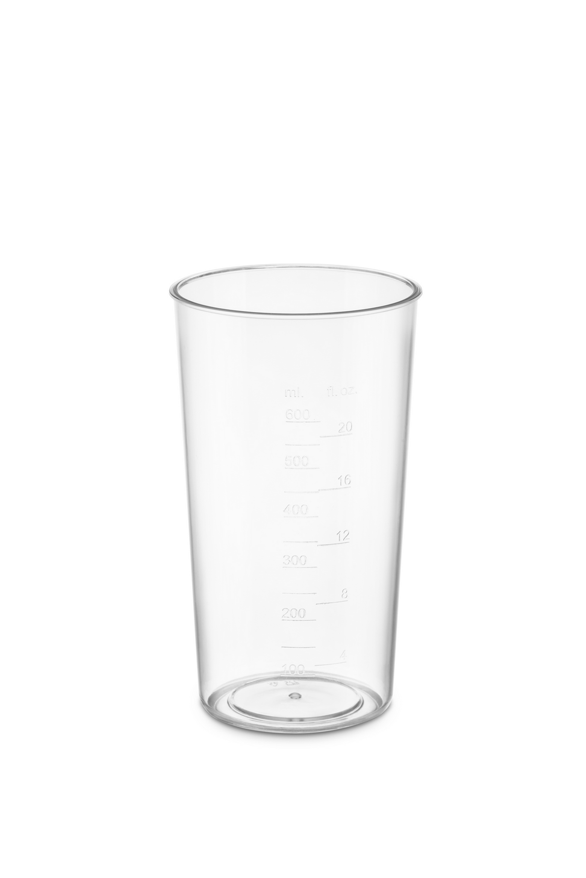 Un misurino in plastica trasparente con indicazioni di volume stampate.