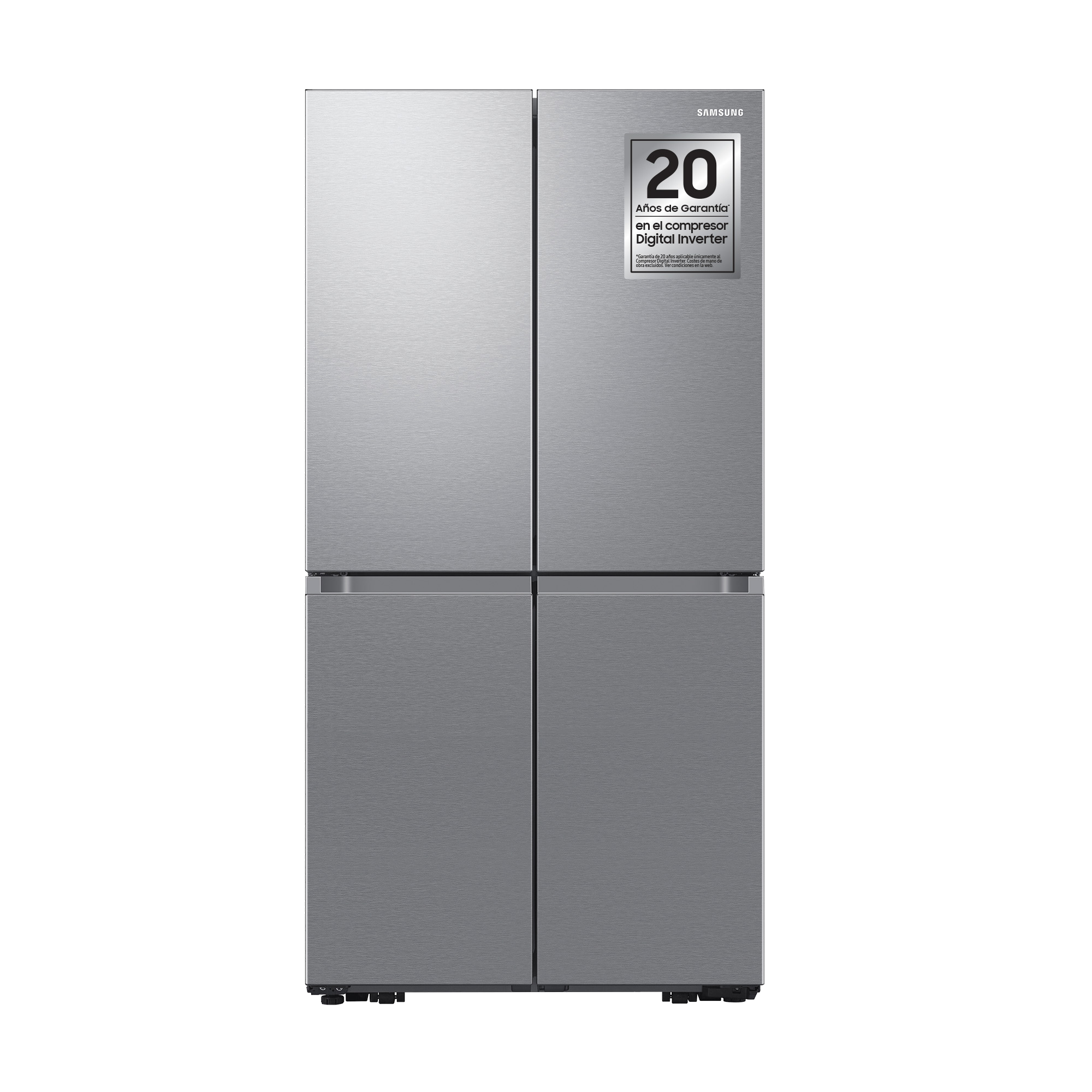 Lodówka Samsung ze stali nierdzewnej z czterema drzwiami. Srebrna plakietka mówi '20 lat gwarancji'.