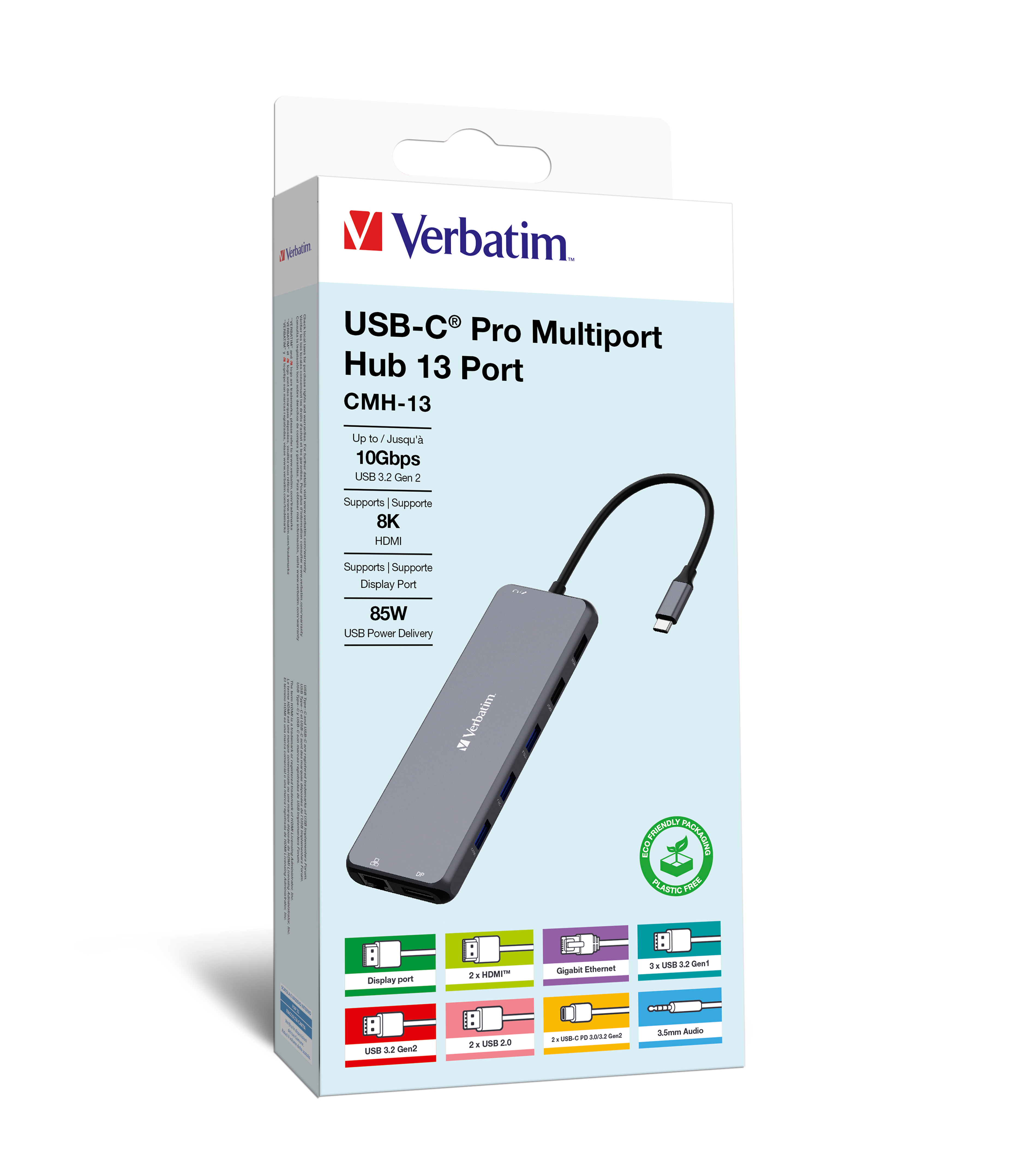 Verbatim USB-C Pro Multiport Hub mit Anschlüssen in der Box. Weiße Box mit Produktdetails und Diagramm.