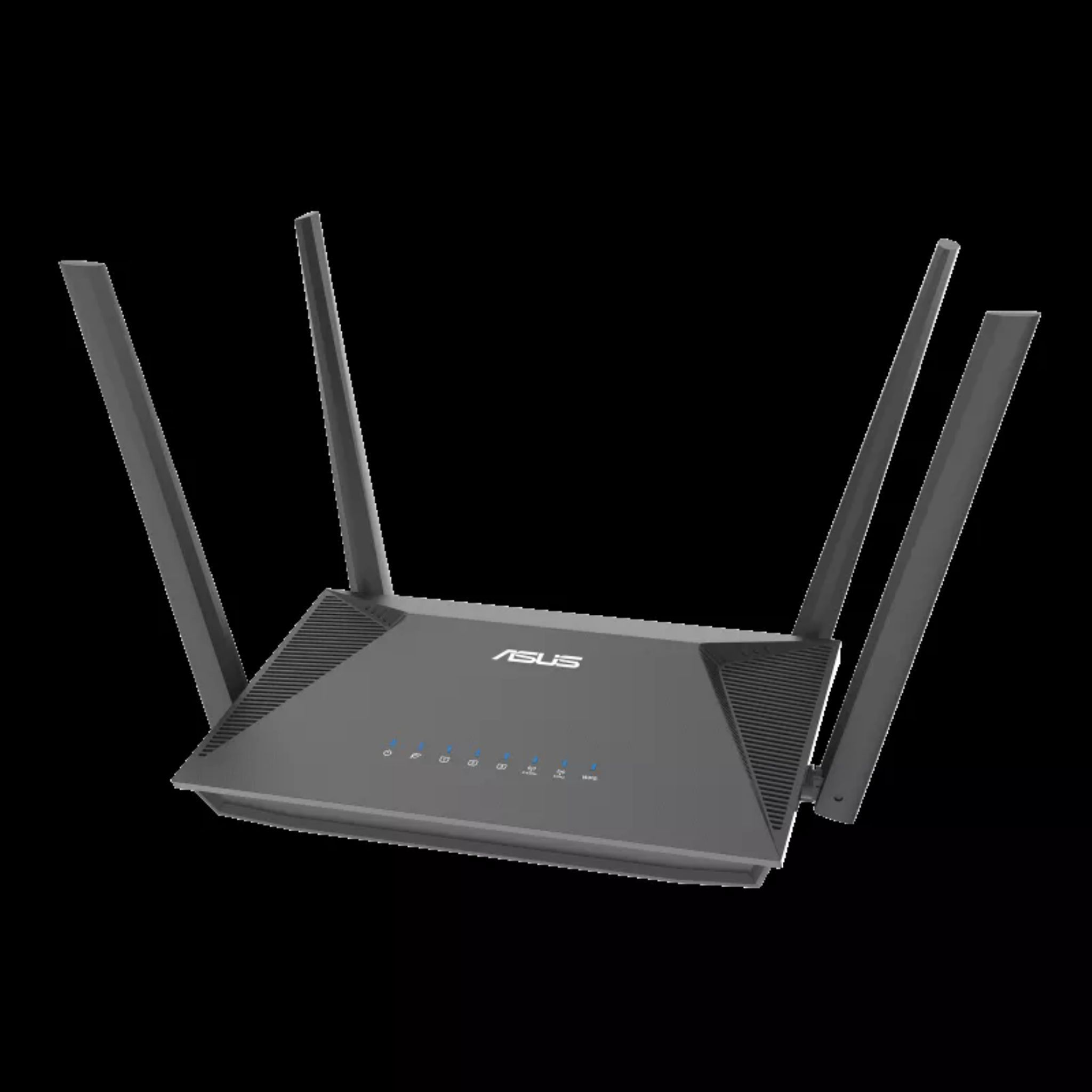 Router Asus z czterema antenami na czarnym tle. Widok pod kątem.