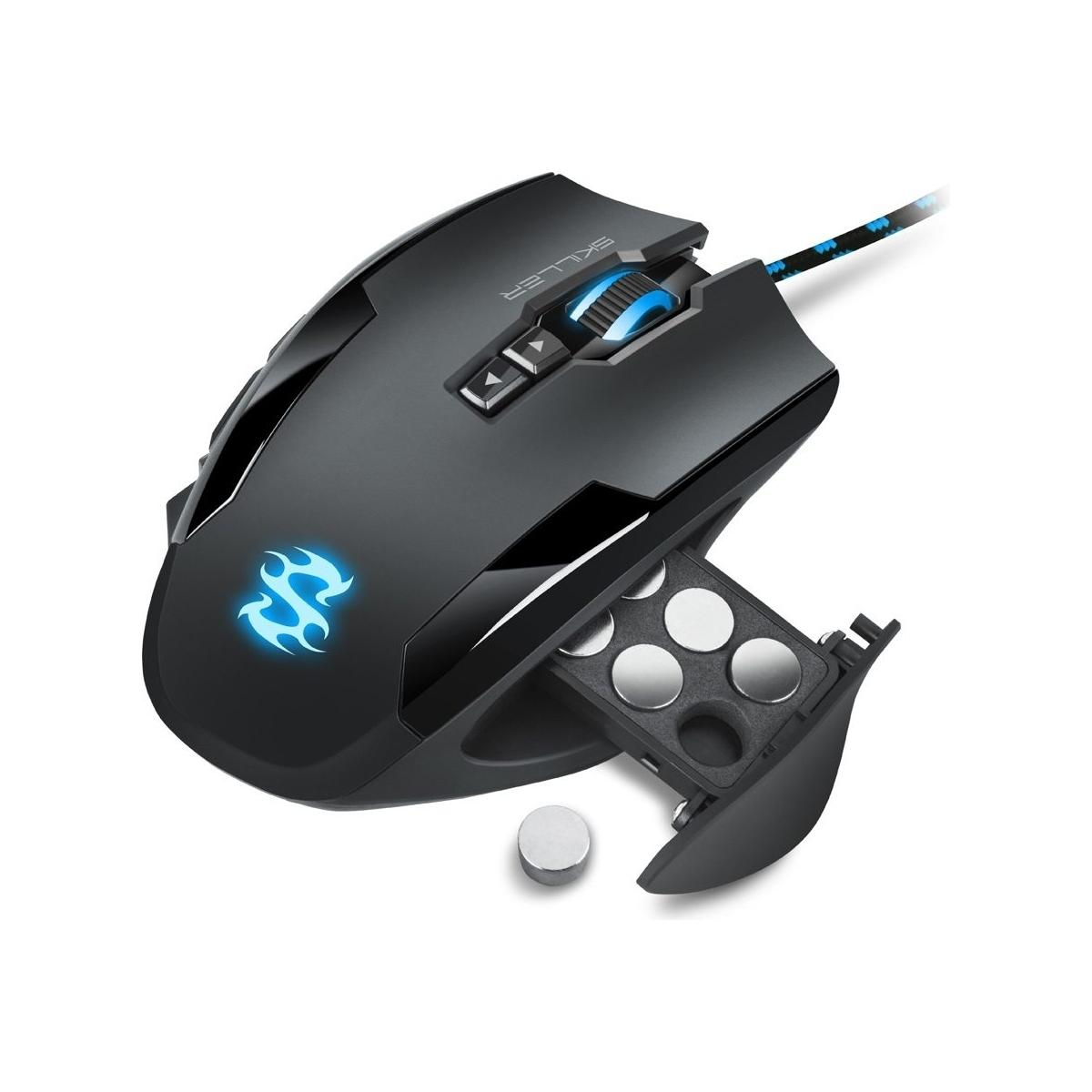 Czarna mysz do gier z niebieskim światłem. Ma otwartą komorę z ciężarkami w środku.