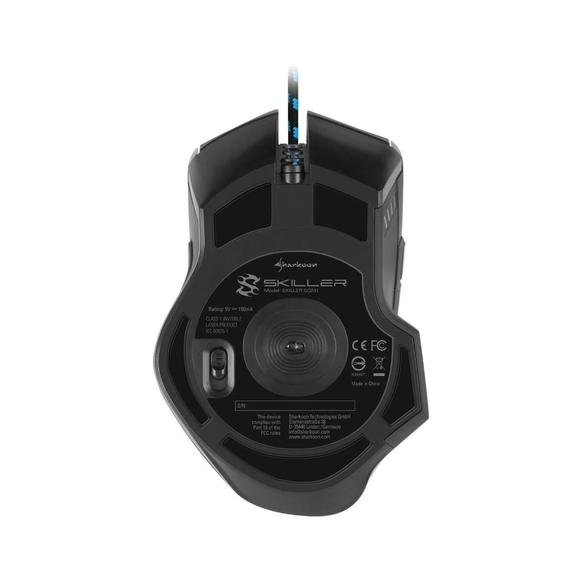 Czarna mysz do gier z wieloma przyciskami i kablem. Spód pokazuje szczegóły techniczne.