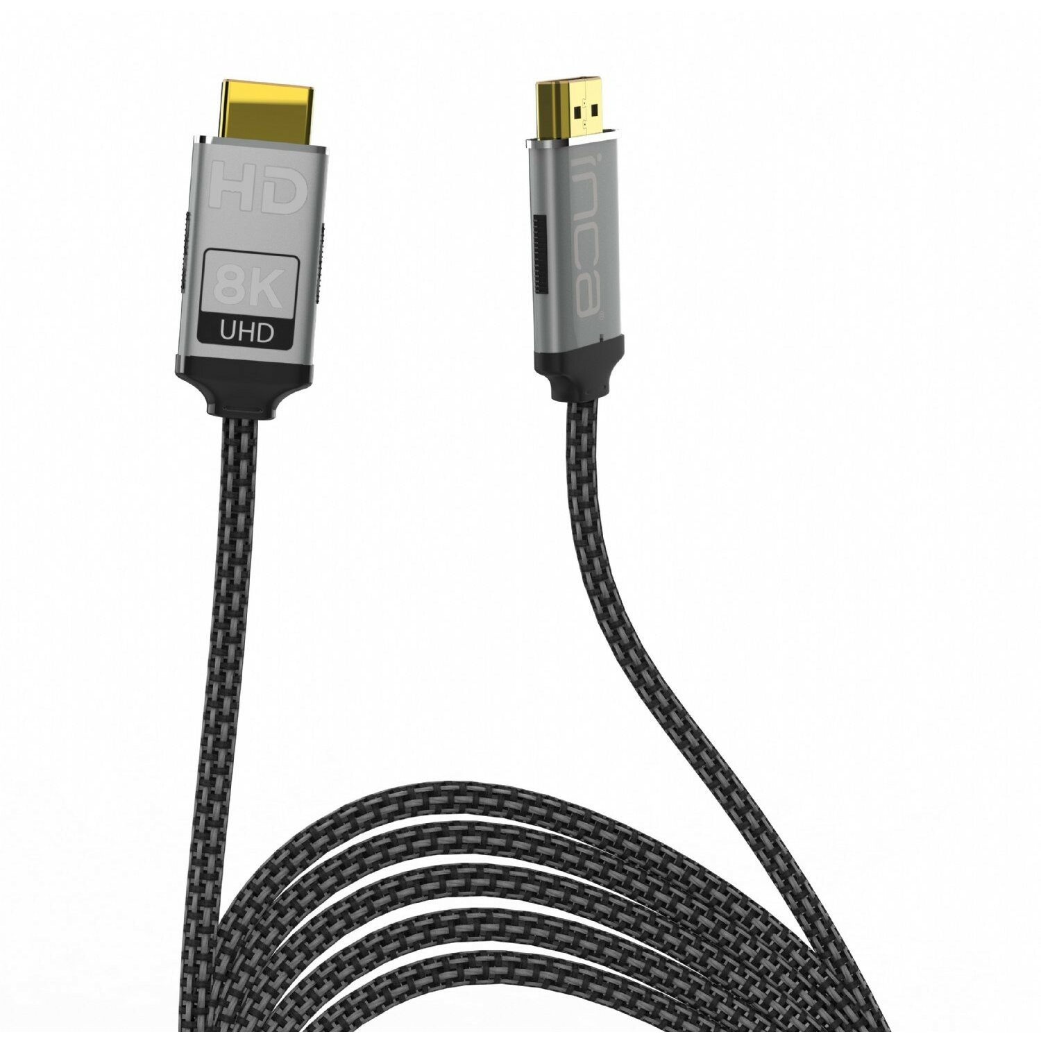 Bağlantı parçaları ve gri-siyah örgülü kablolu 8K UHD HDMI kablosu, beyaz zemin üzerinde.