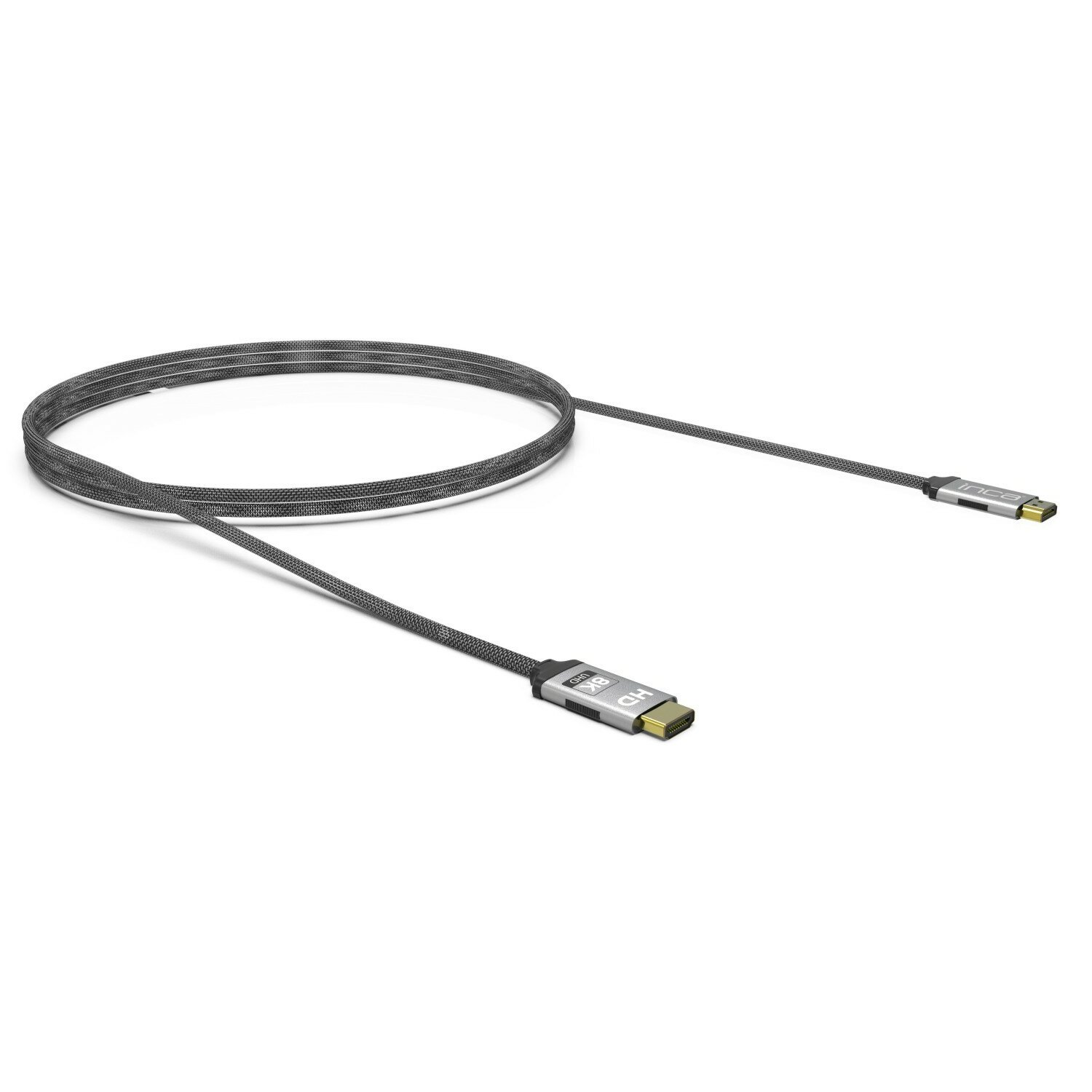 Her iki ucunda konektörleri olan gri HDMI kablosu, beyaz zeminde.