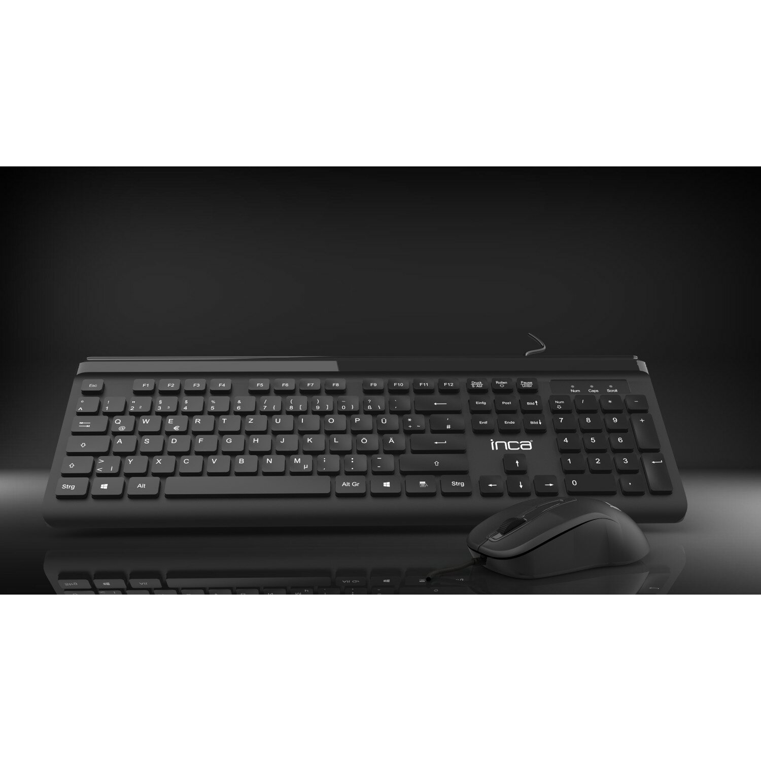 Czarna klawiatura i mysz na czarnej powierzchni. Klawiatura ma białe klawisze i markę 'inca'.