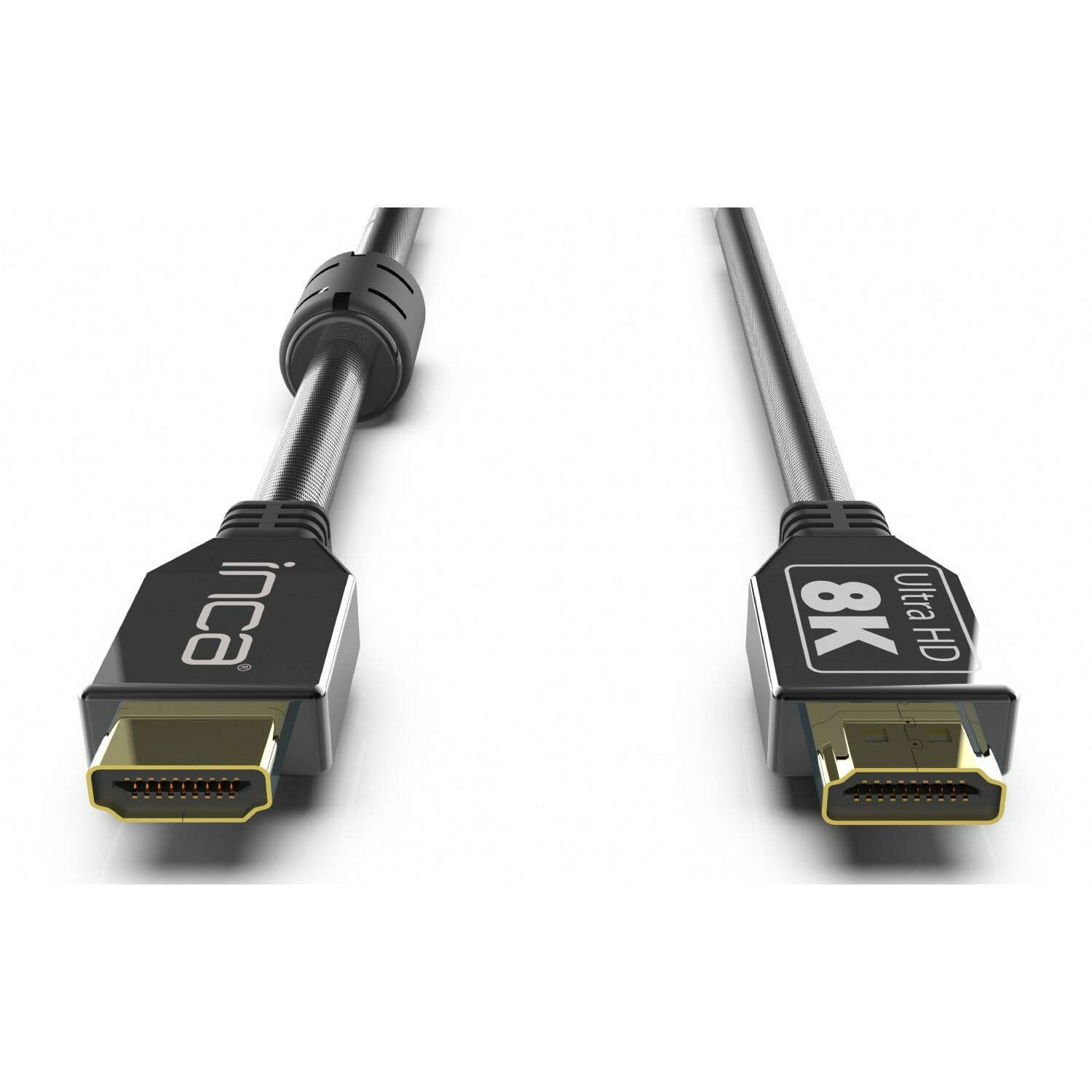 Zwei schwarze HDMI-Kabel mit Goldsteckern, beschriftet mit 'inca' und '8K Ultra HD'.
