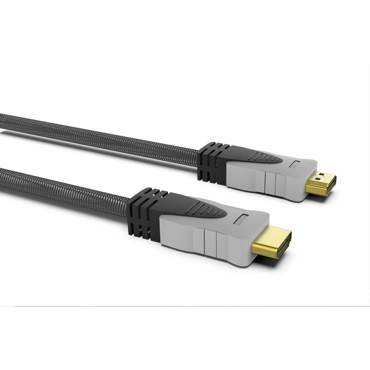 HDMI-Kabel mit Anschlüssen an beiden Enden. Schwarzes Kabel mit grauen und goldenen Anschlüssen.