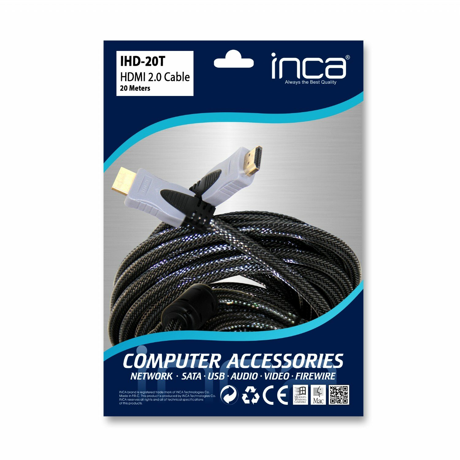 HDMI 2.0 Kabel in einer Verpackung mit dem Text 'COMPUTER ZUBEHÖR'. Die Marke ist Inca.