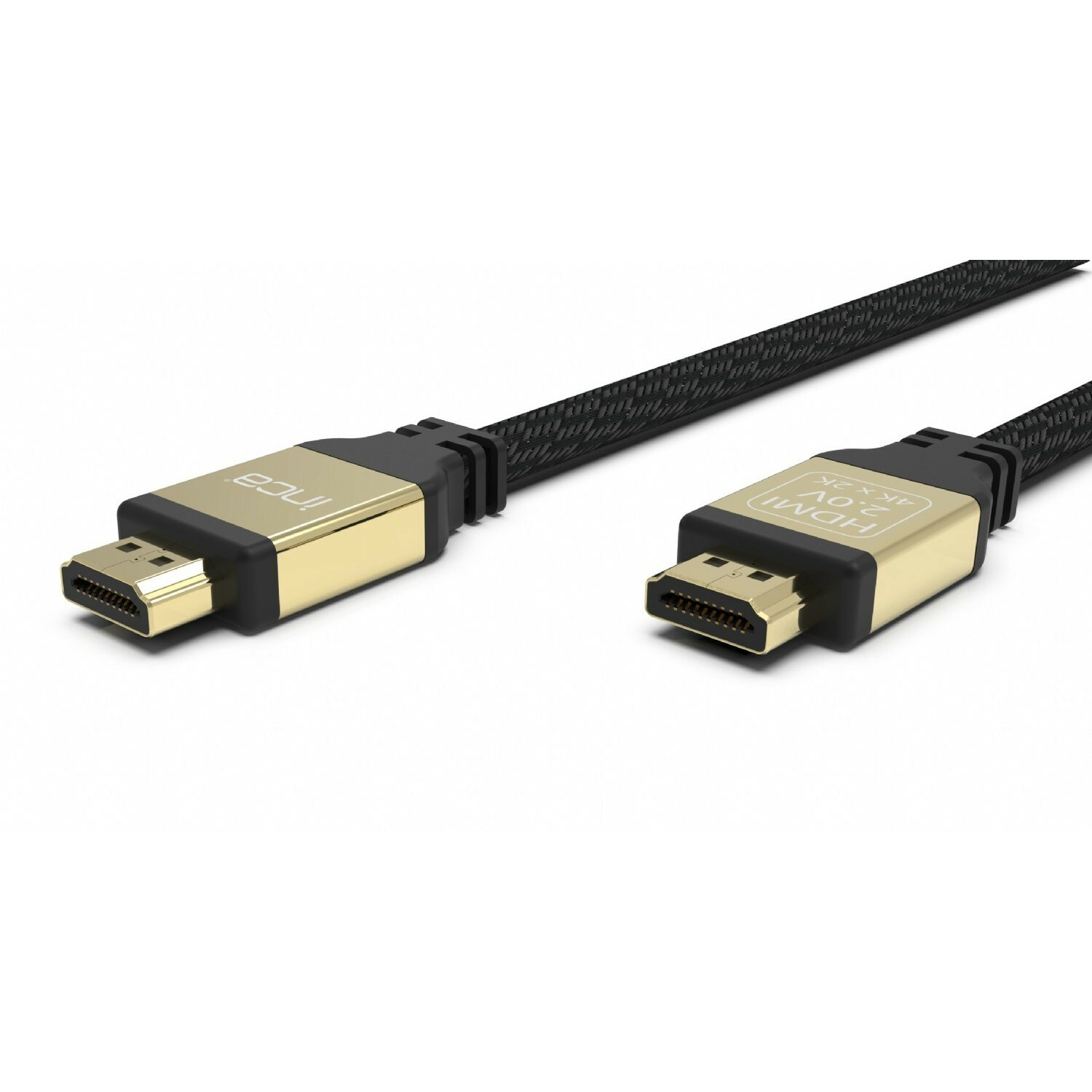 Goldenes und schwarzes HDMI-Kabel mit zwei Anschlüssen auf weißem Hintergrund.