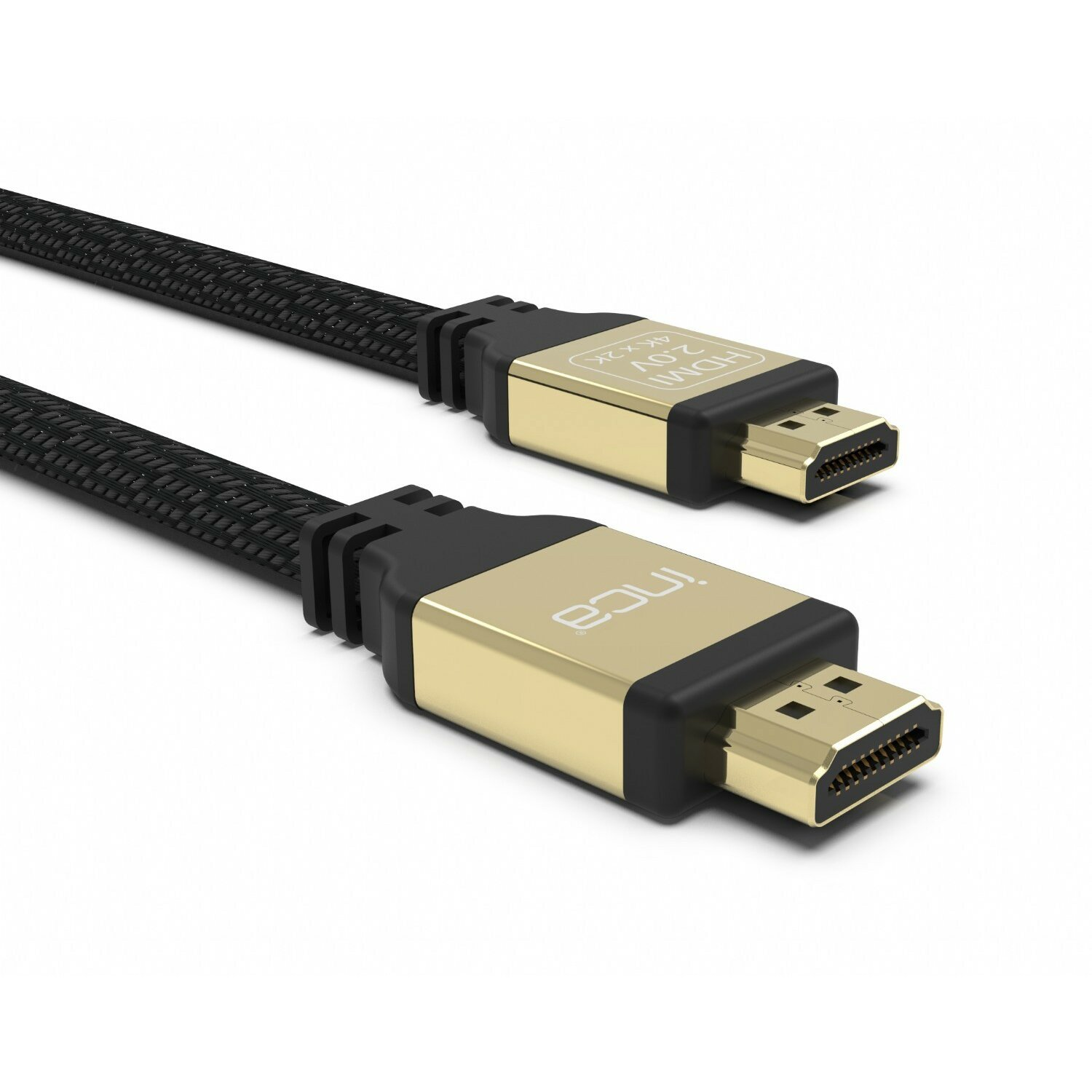 Zwei gold-schwarze HDMI-Kabel werden diagonal auf weißem Hintergrund dargestellt, nach rechts oben abgewinkelt.