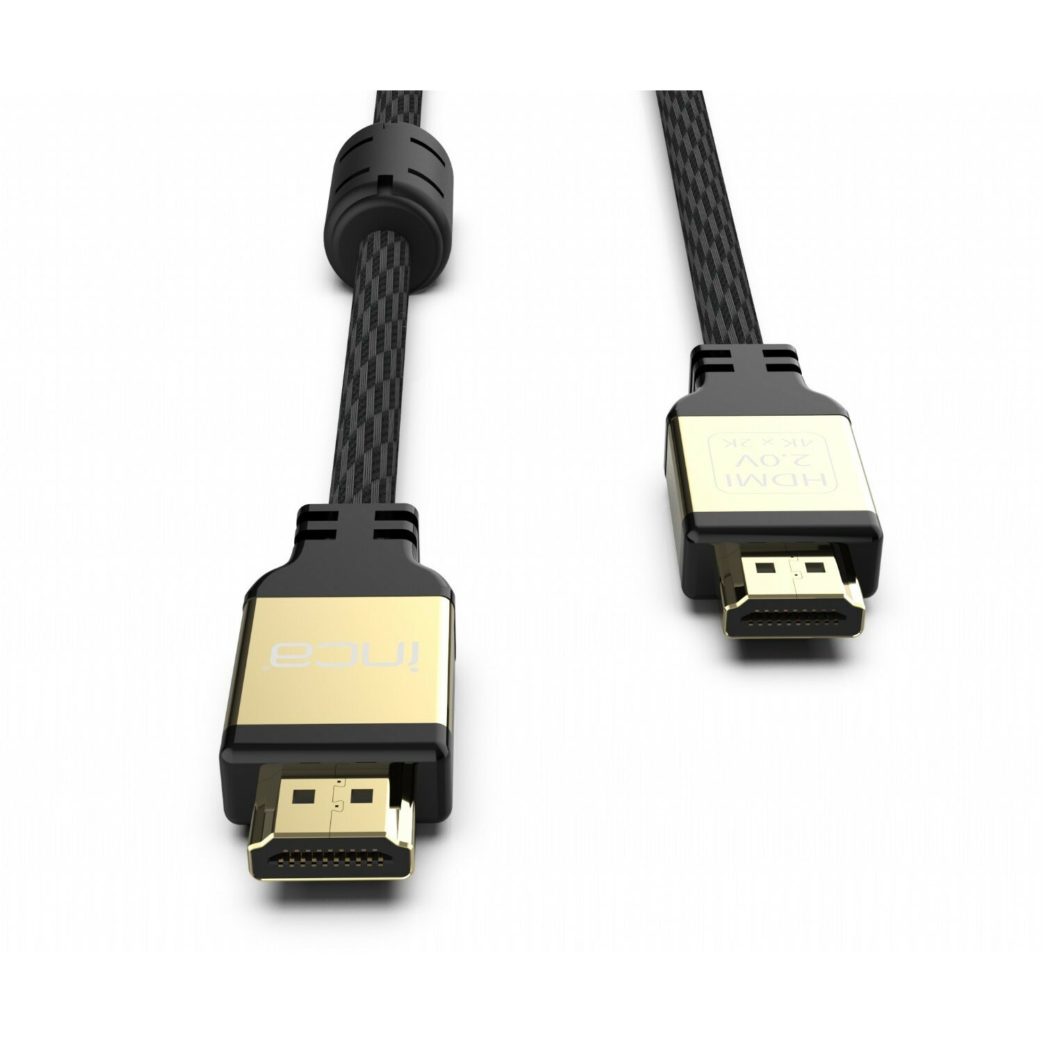 Zwei schwarze und goldene HDMI-Kabel. Die Anschlüsse sind goldfarben und die Kabel geflochten.