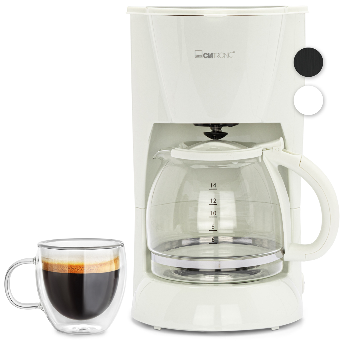 Kremowy ekspres do kawy ze szklaną karafką i filiżanką kawy obok.