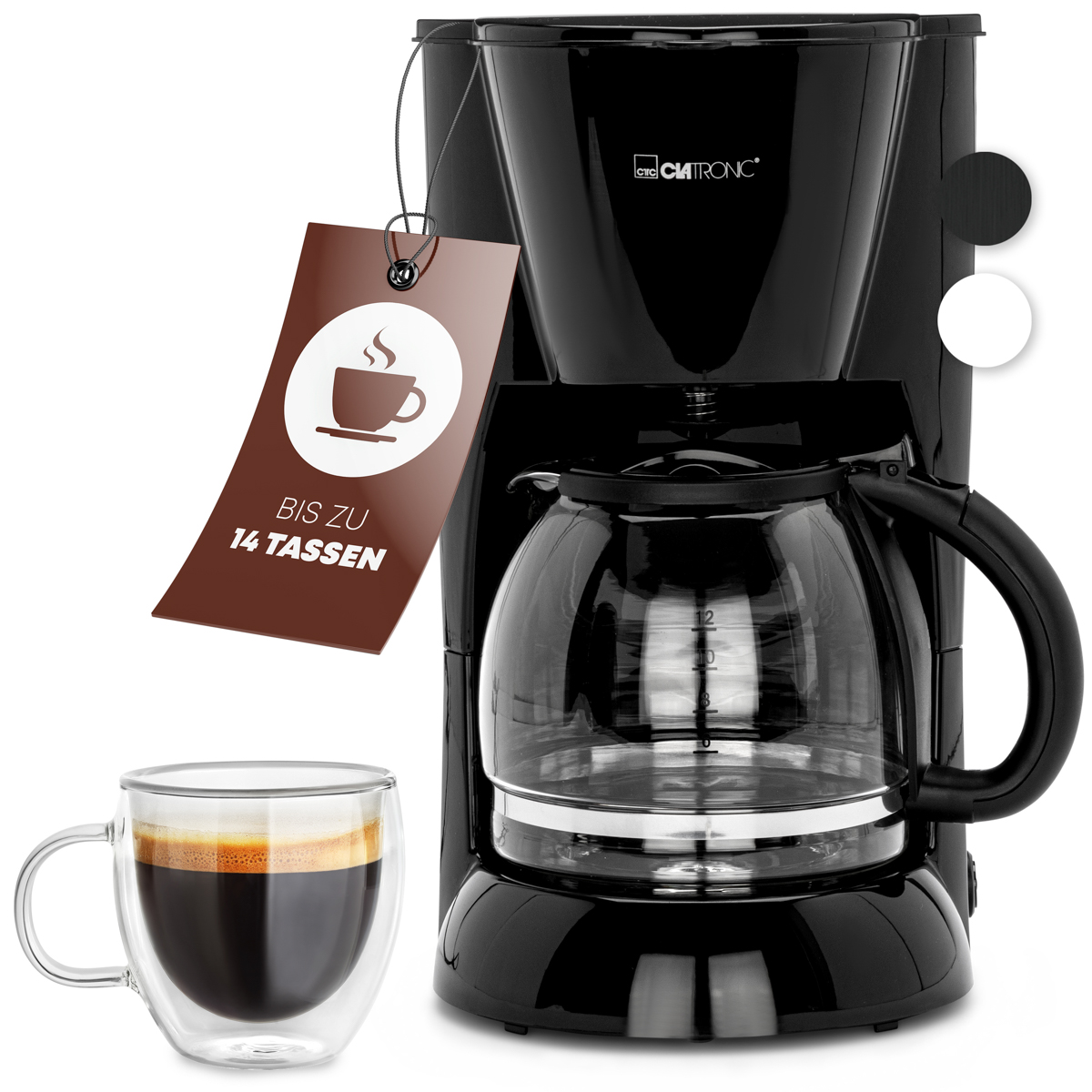 Czarny ekspres do kawy ze szklaną karafką i filiżanką kawy, na białym tle.