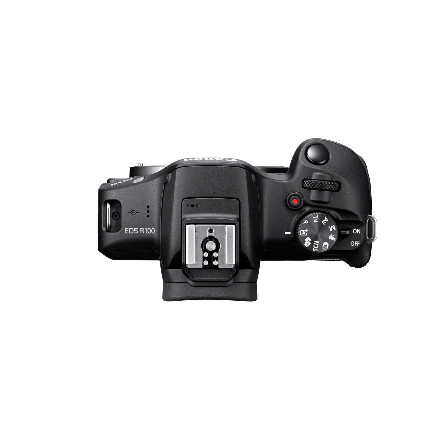 Top view of a black Canon EOS R100 camera with controls and a lens mount.