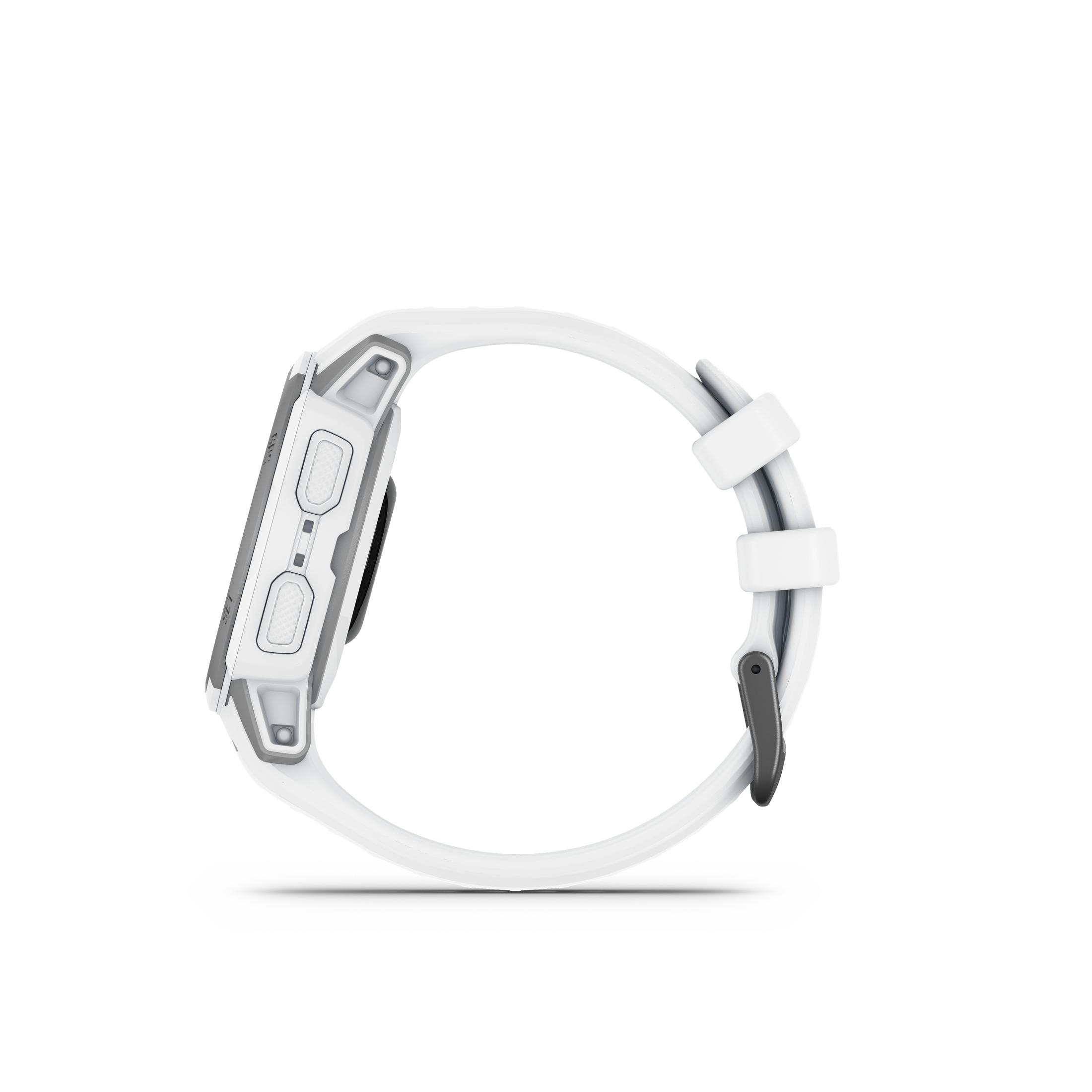 Smartwatch blanca con correa blanca, vista lateral. El reloj tiene dos botones y pantalla negra.