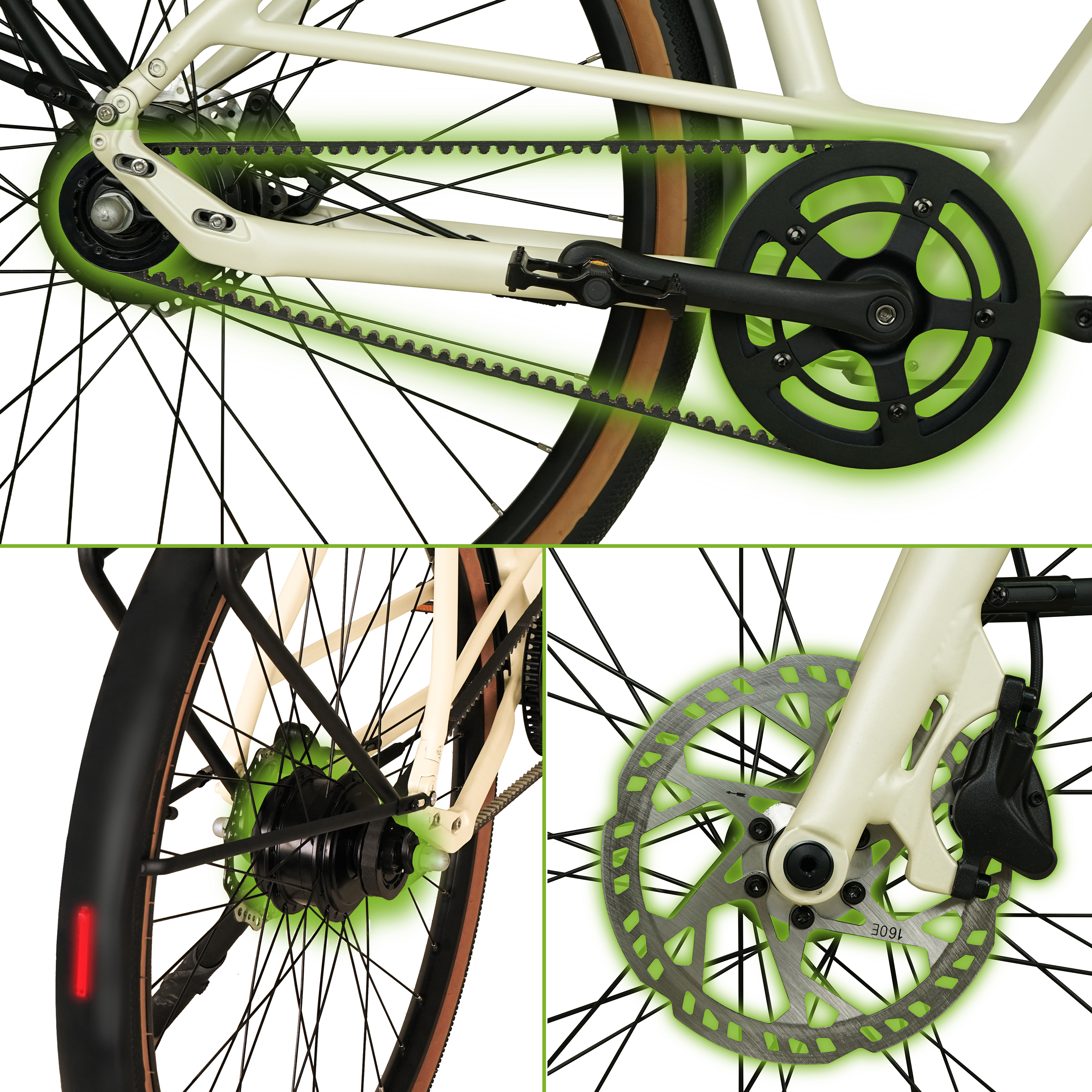 Nahaufnahmen eines Fahrrads. Das Fahrrad hat einen grünen Riemenantrieb und Scheibenbremsen.