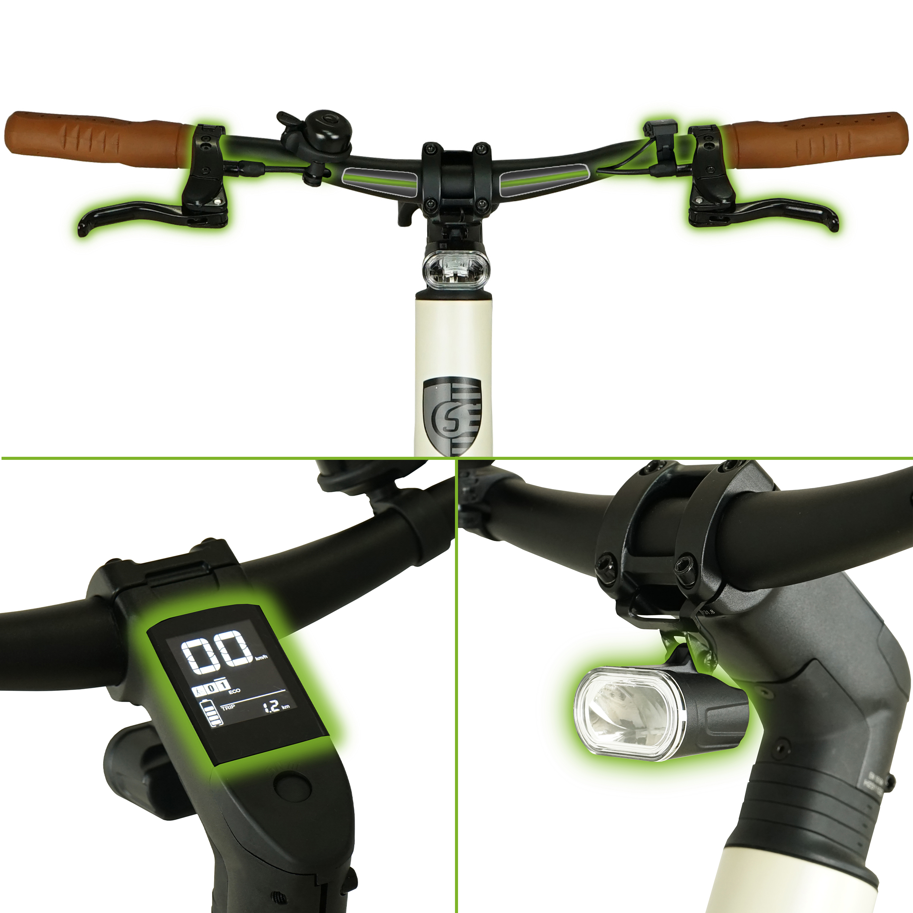 Fahrradlenker mit Lichtern und Display, das Geschwindigkeit und Akkustand zeigt.