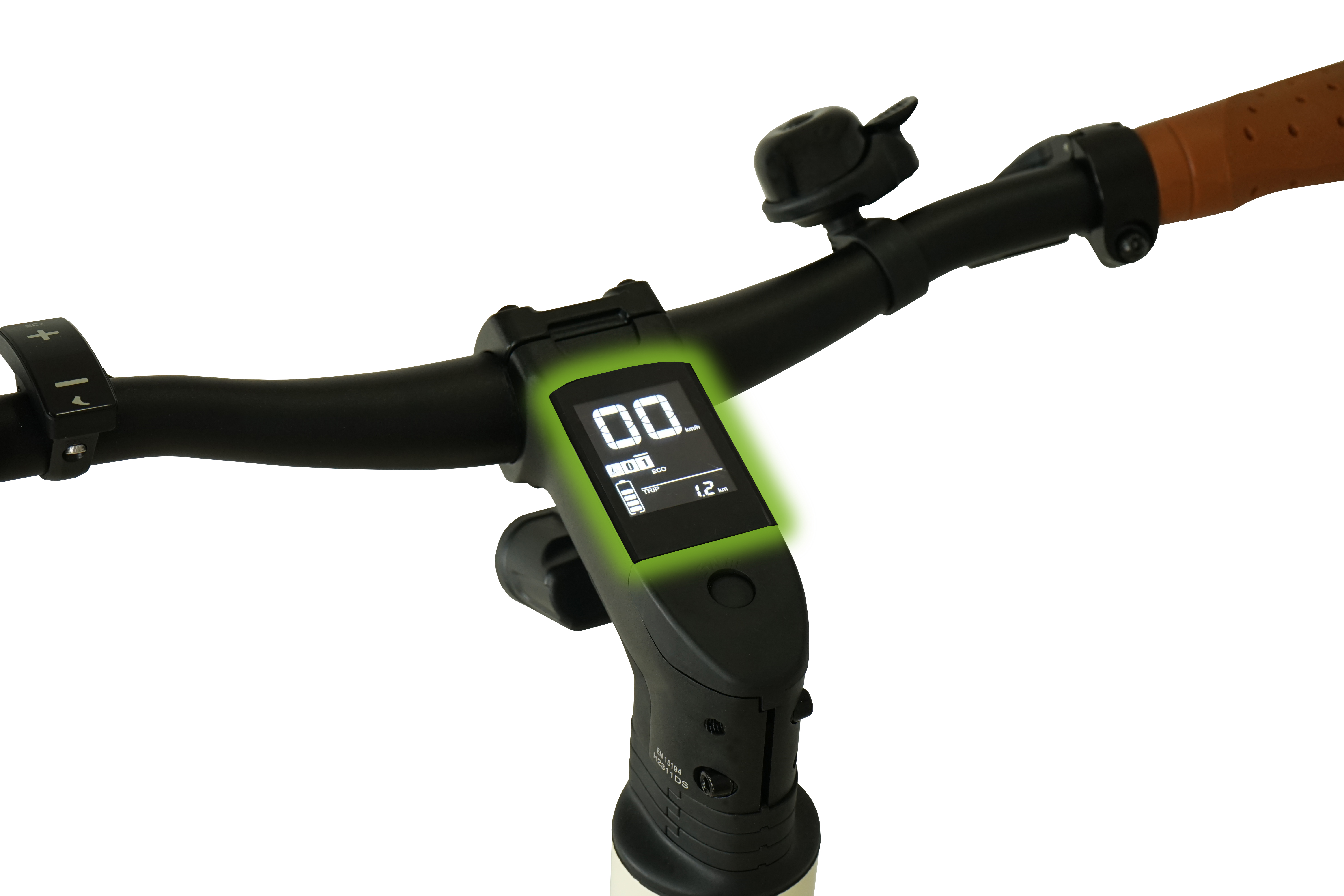 E-Bike-Lenker mit Anzeige von 00 und der Glocke. Brauner Griff und hellgrüne Anzeige.